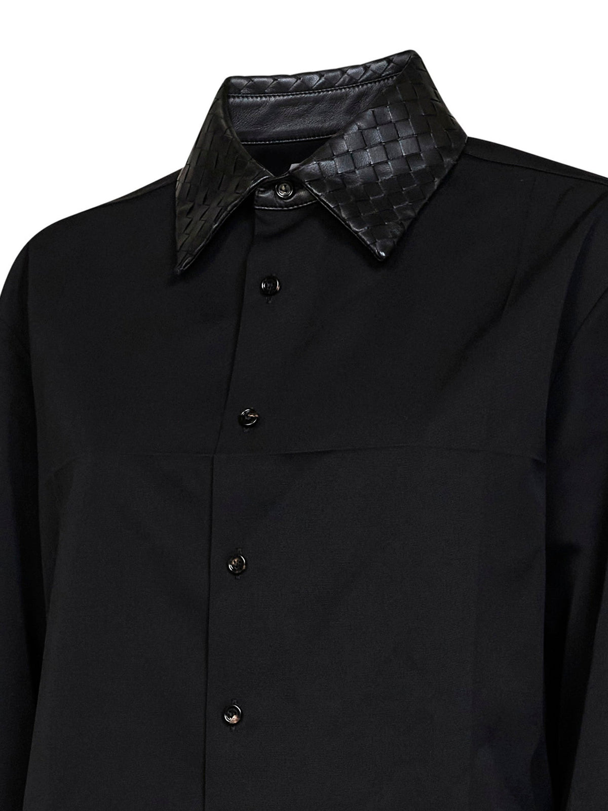 Bottega Veneta Women Black Wool Shirt With Intrecciato Leather Collar BOTTEGA VENETA