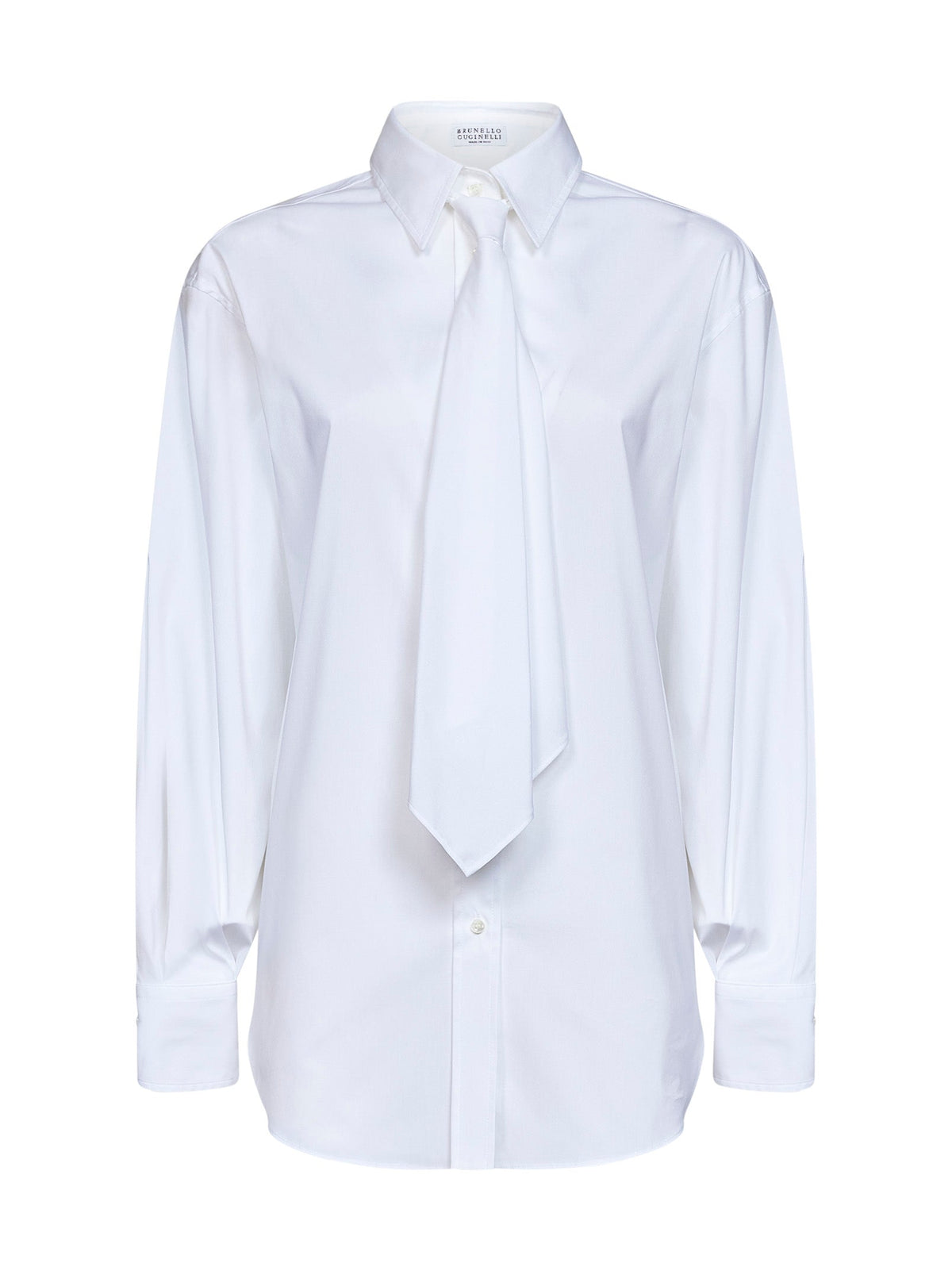 Brunello Cucinelli Women White Stretch Poplin Shirt With Tie And Monili BRUNELLO CUCINELLI