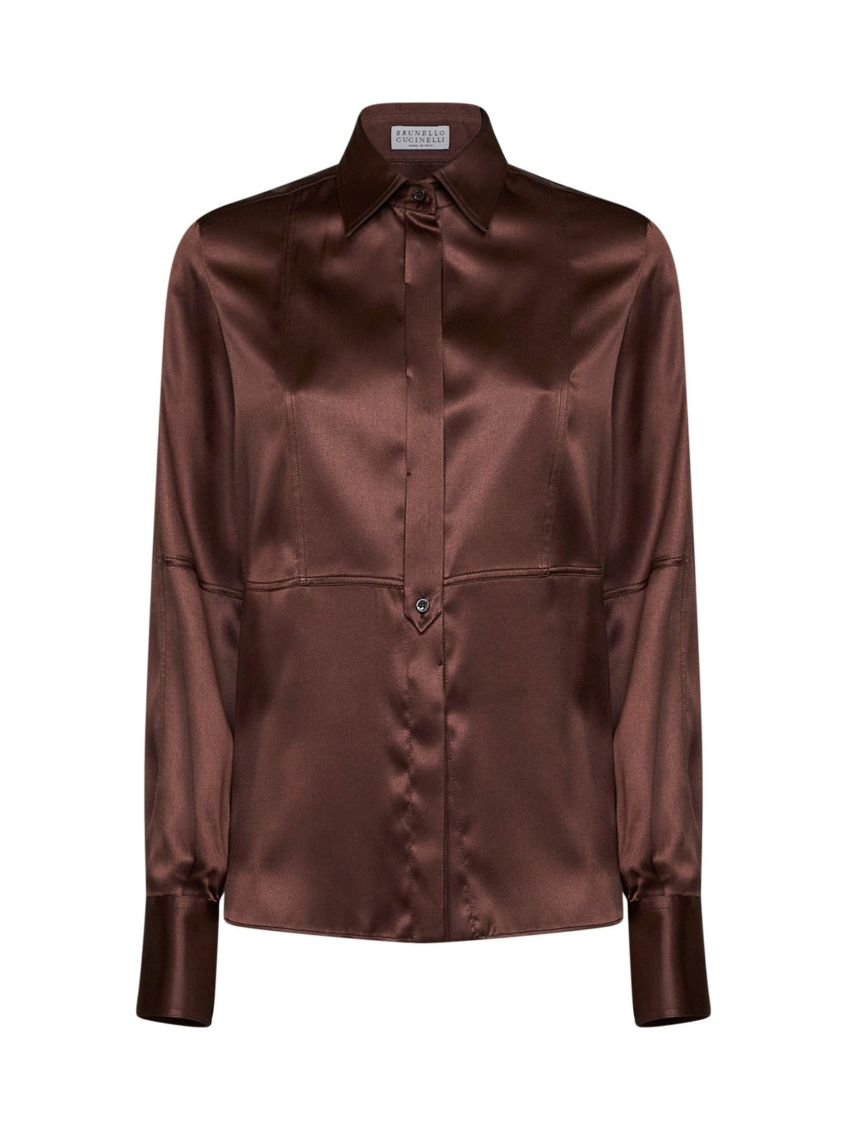 Brunello Cucinelli Women Brown Stretch Silk Satin Shirt With Monili BRUNELLO CUCINELLI