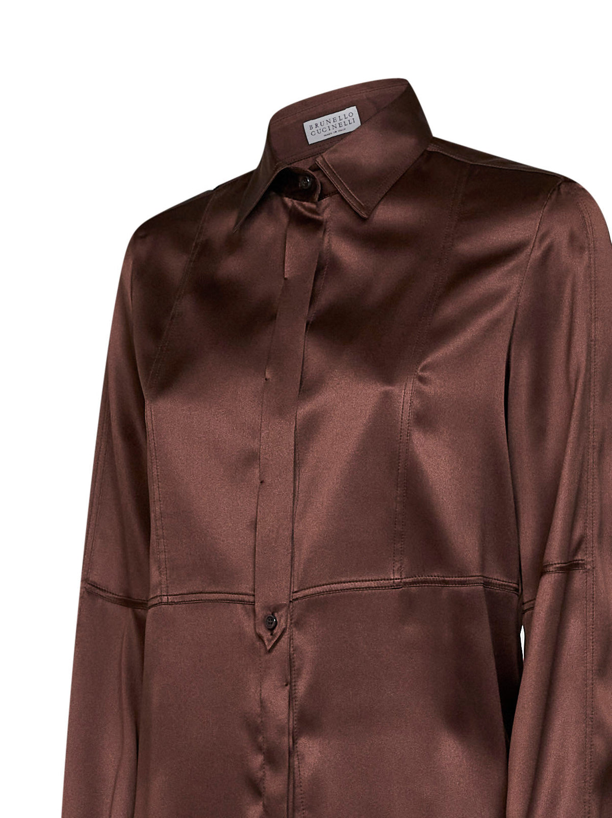 Brunello Cucinelli Women Brown Stretch Silk Satin Shirt With Monili BRUNELLO CUCINELLI