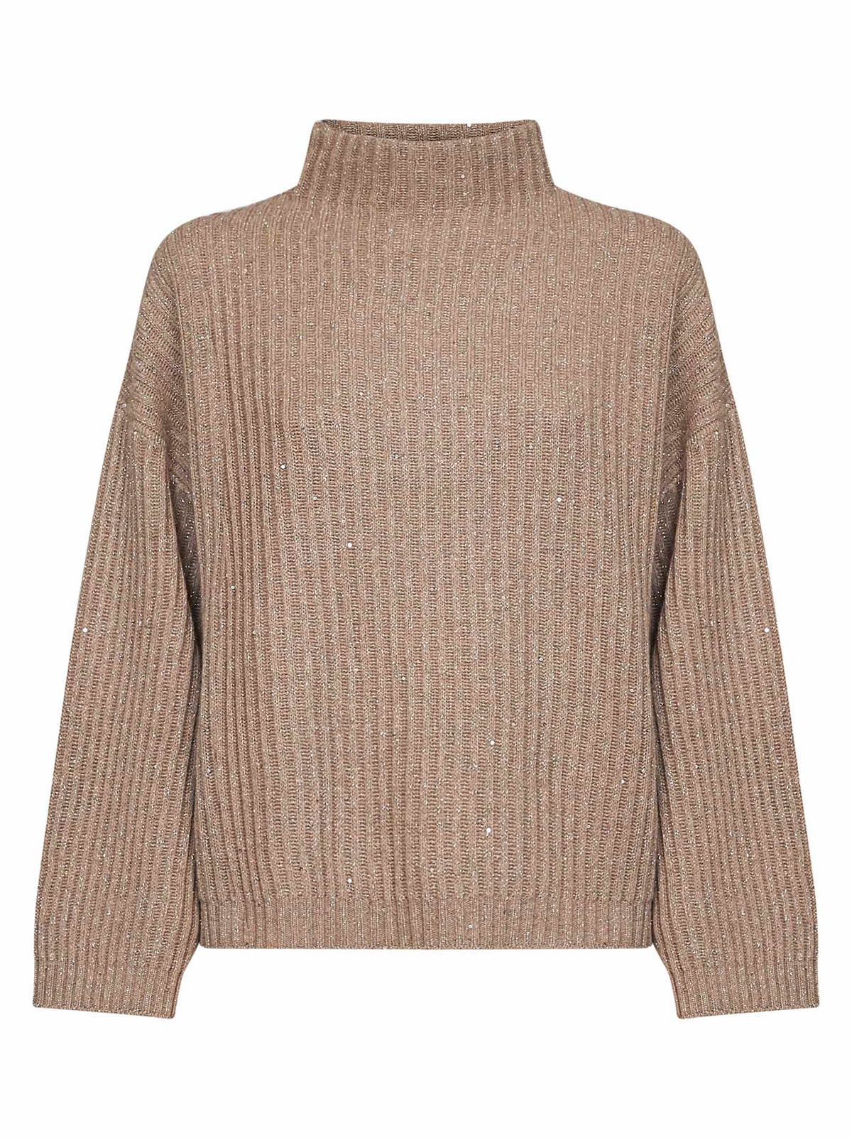 Brunello Cucinelli Women Light Brown Ribbed Cashmere And Wool Knit Sparkling & Dazzling Sweater BRUNELLO CUCINELLI
