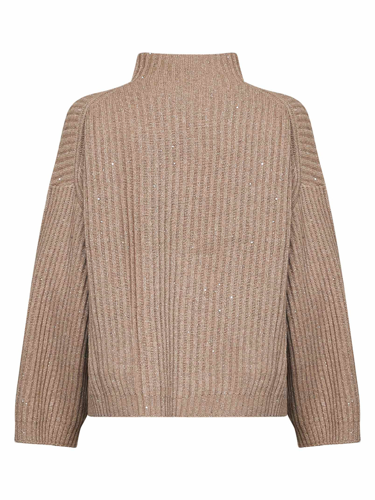 Brunello Cucinelli Women Light Brown Ribbed Cashmere And Wool Knit Sparkling & Dazzling Sweater BRUNELLO CUCINELLI