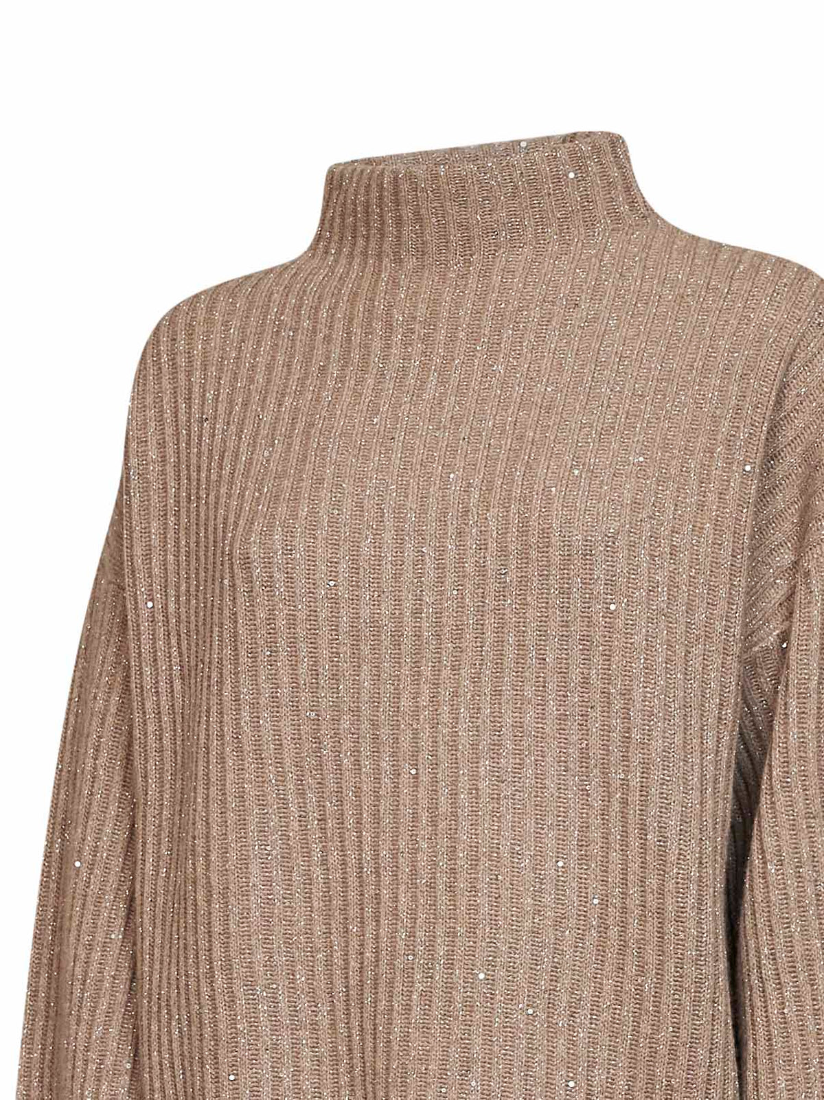 Brunello Cucinelli Women Light Brown Ribbed Cashmere And Wool Knit Sparkling & Dazzling Sweater BRUNELLO CUCINELLI