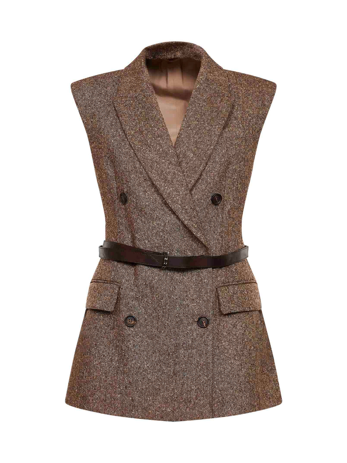 Brunello Cucinelli Women Brown Belted Wool Double-Breasted Waistcoat BRUNELLO CUCINELLI