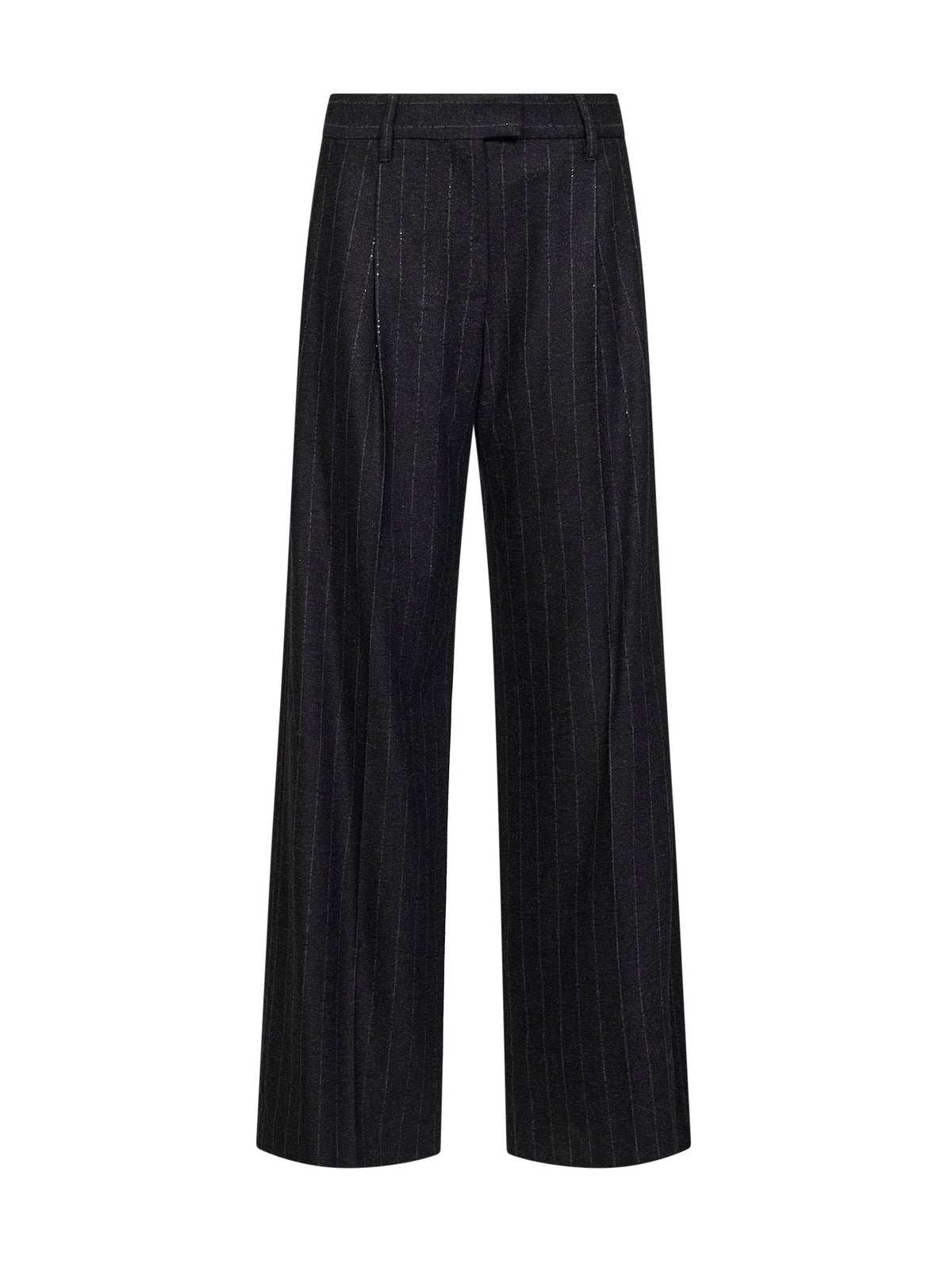 Brunello Cucinelli Women Anthracite Sequin Pinstriped Wool Blend Loose Pleated Trousers BRUNELLO CUCINELLI