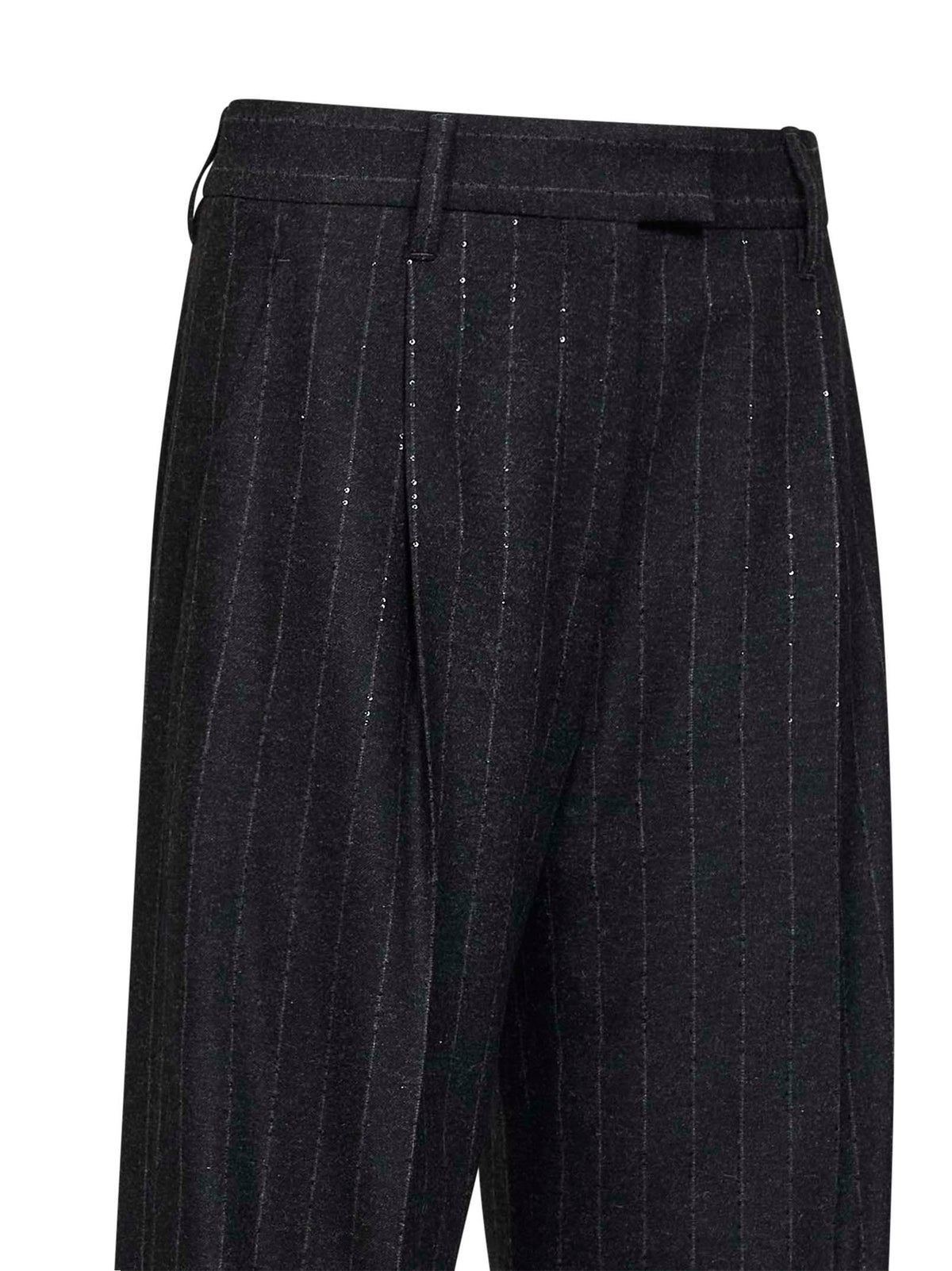 Brunello Cucinelli Women Anthracite Sequin Pinstriped Wool Blend Loose Pleated Trousers BRUNELLO CUCINELLI