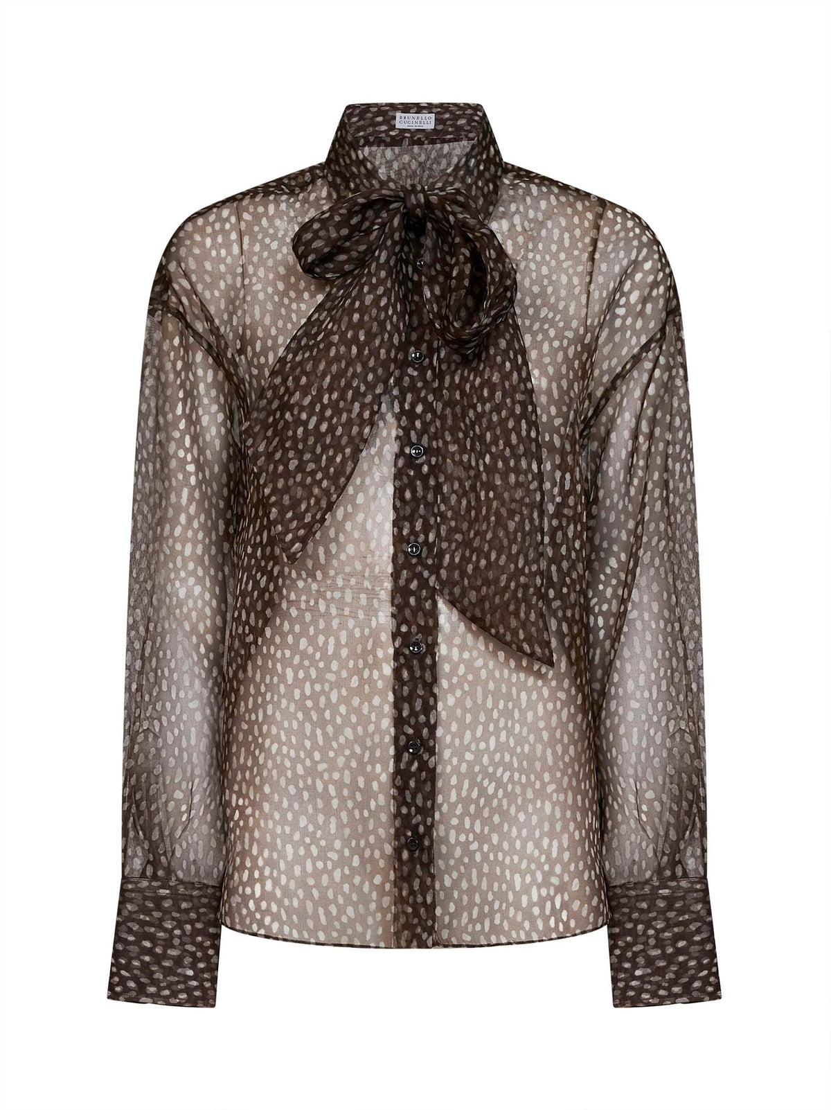 Brunello Cucinelli Women Chocolate Dapple Silk Organza Shirt With Neck Tie BRUNELLO CUCINELLI
