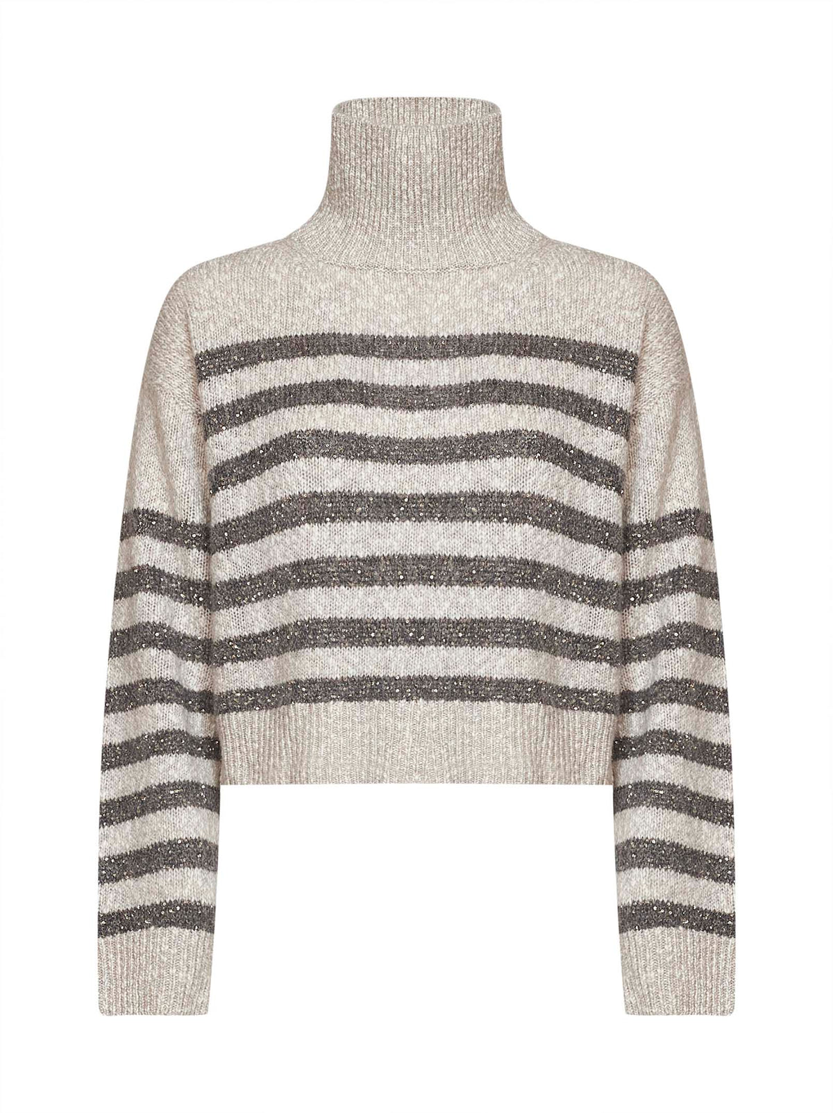 Brunello Cucinelli Women Mother-Of-Pearl And Grey Soft Wool And Cashmere Sweater With Dazzling Stripes BRUNELLO CUCINELLI