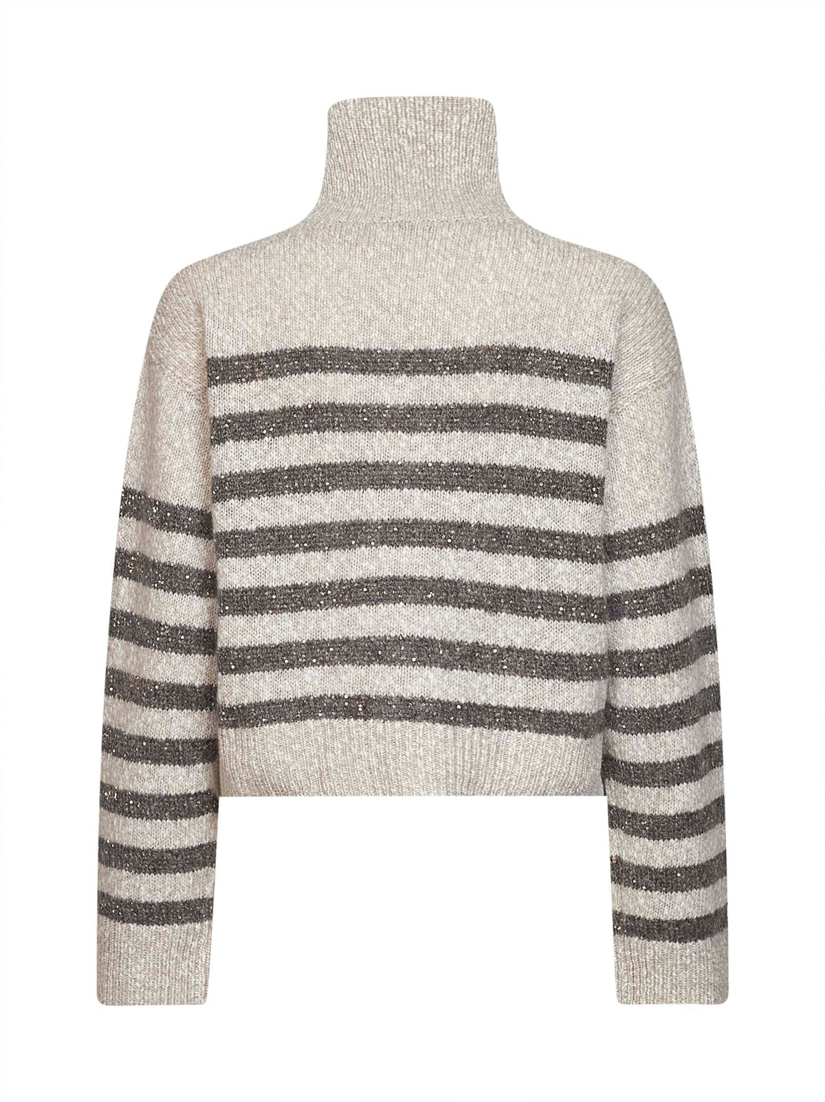 Brunello Cucinelli Women Mother-Of-Pearl And Grey Soft Wool And Cashmere Sweater With Dazzling Stripes BRUNELLO CUCINELLI