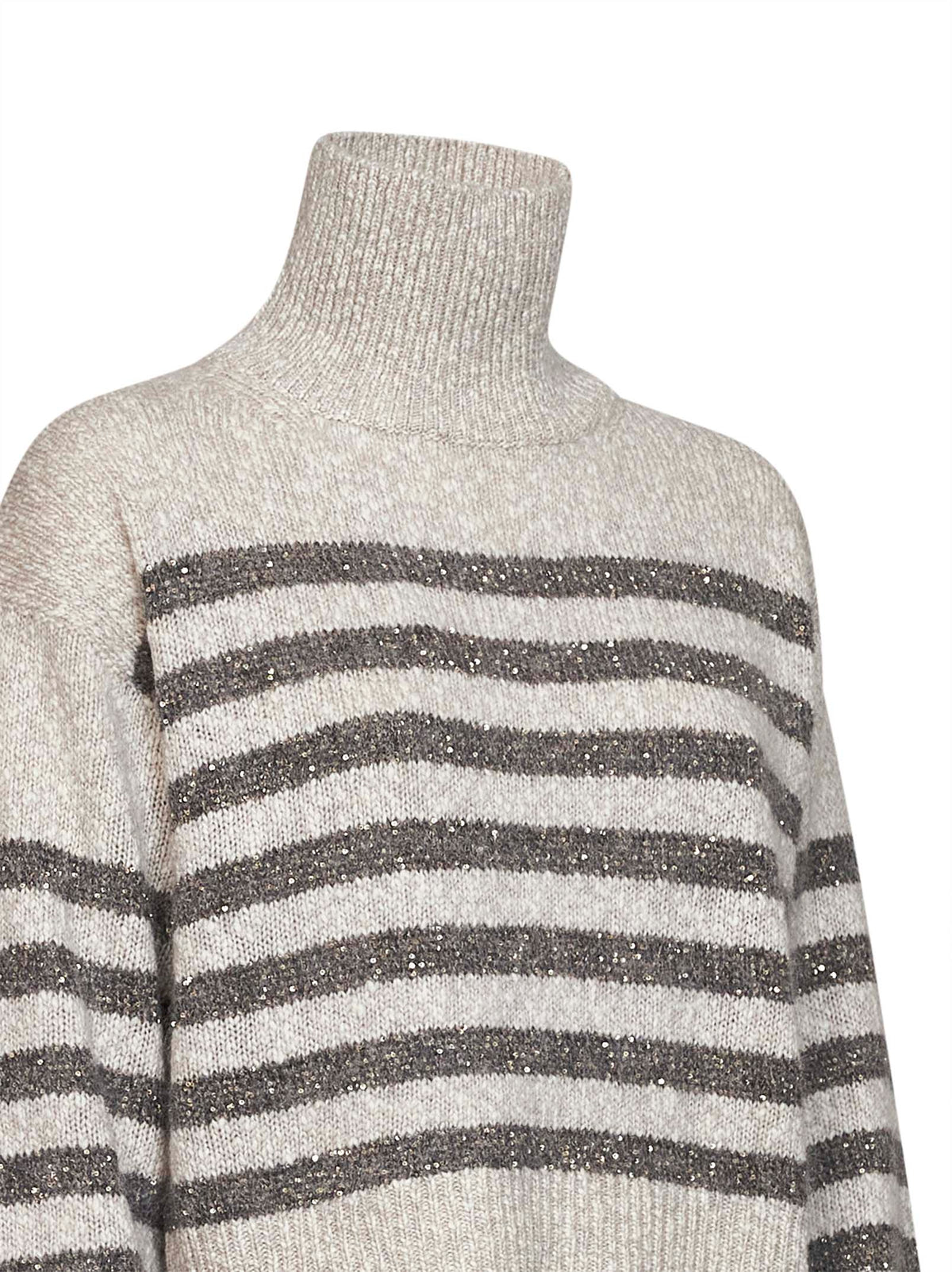Brunello Cucinelli Women Mother-Of-Pearl And Grey Soft Wool And Cashmere Sweater With Dazzling Stripes BRUNELLO CUCINELLI
