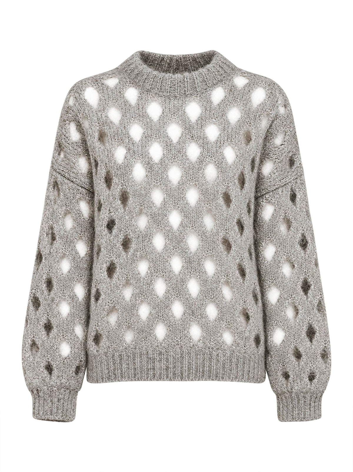 Brunello Cucinelli Women Grey Open-Knit Mohair-Blend Crewneck Sweater BRUNELLO CUCINELLI
