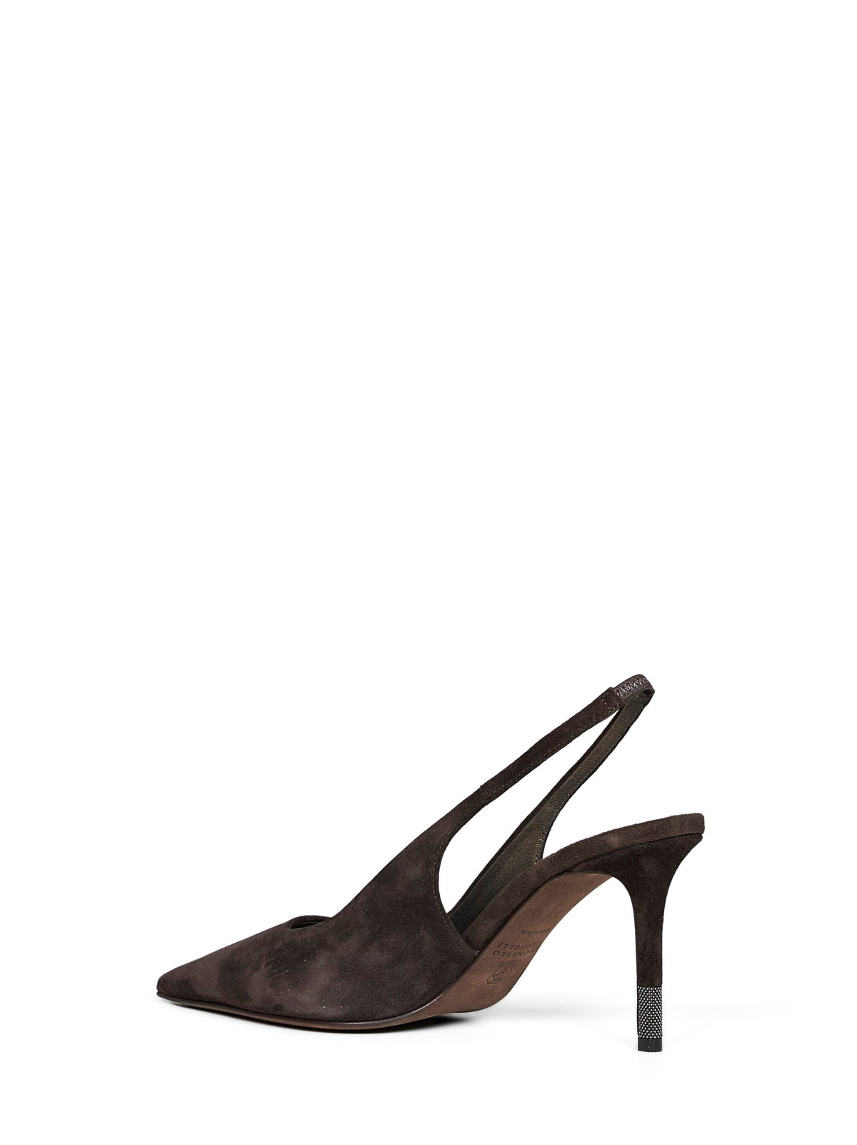 Brunello Cucinelli Women Pepper Brown Suede Slingback Heels With Monili BRUNELLO CUCINELLI