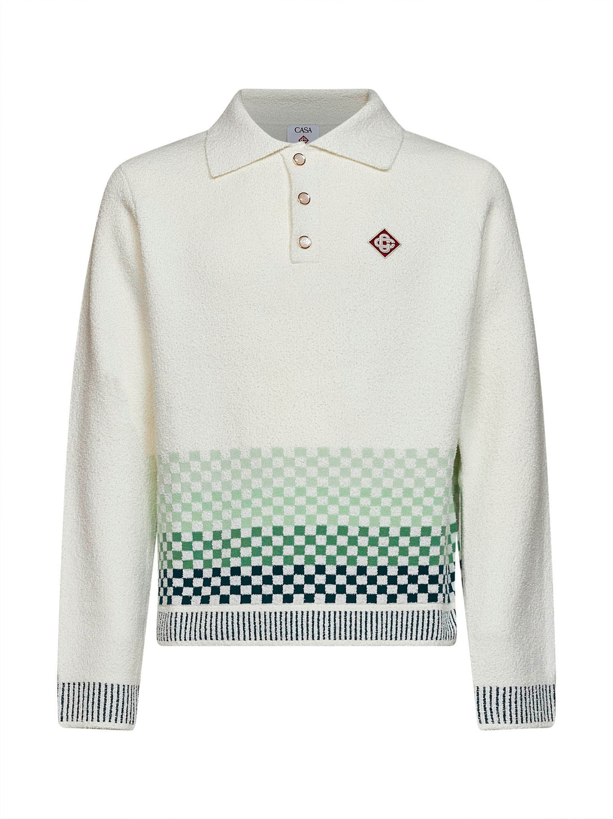 Casablanca Men White Bouclé Knit Check Long-Sleeved Polo Shirt CASABLANCA