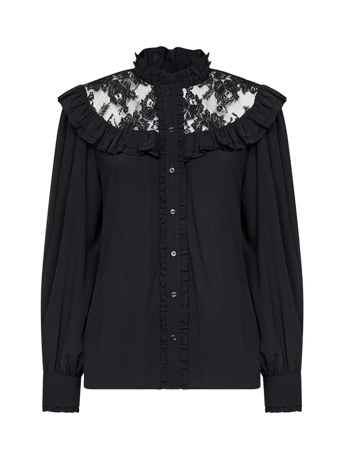 Chloé Women Black Silk Crêpe De Chine Ruffled Blouse With Lace Detail CHLOE