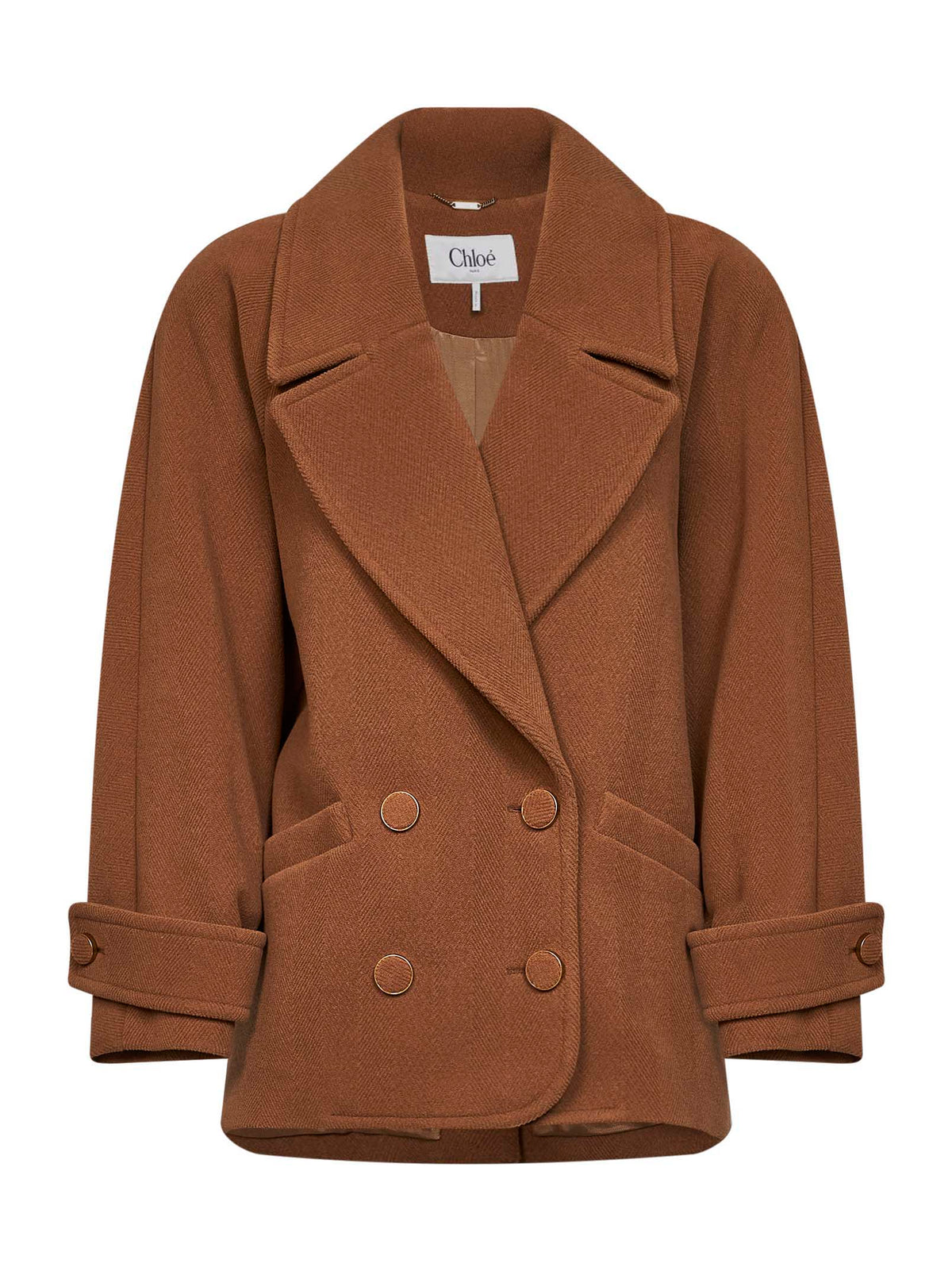 Chloé Women Dusty Camel Herringbone Wool Short Coat CHLOE
