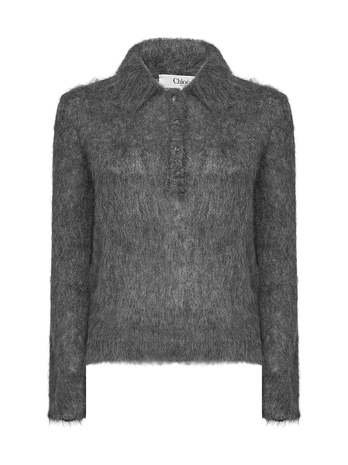 Chloé Women Smoky Grey Alpaca Blend Brushed Knit Polo Shirt CHLOE