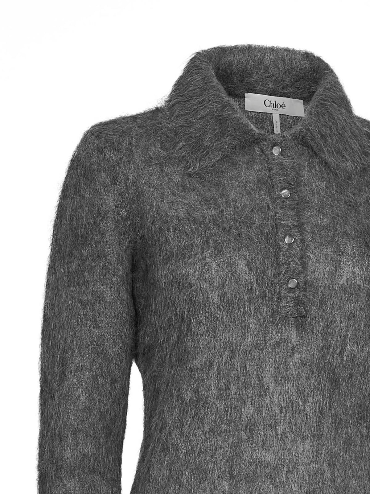 Chloé Women Smoky Grey Alpaca Blend Brushed Knit Polo Shirt CHLOE