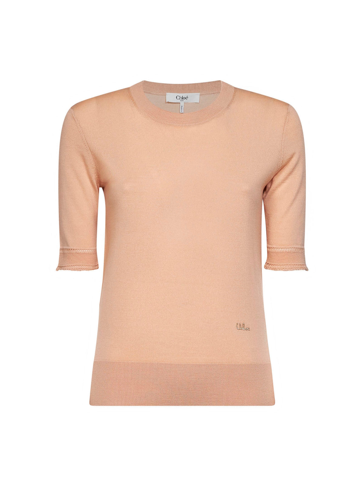Chloé Women Tender Peach Virgin Wool Knit Embroidered Short-Sleeved Sweater CHLOE