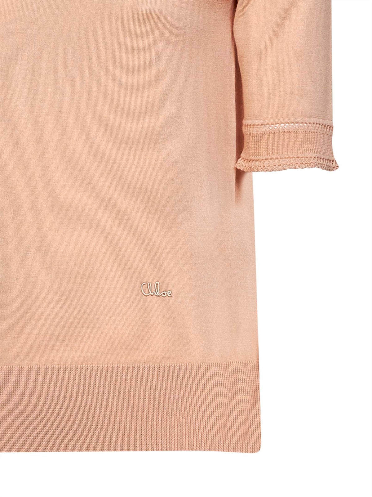 Chloé Women Tender Peach Virgin Wool Knit Embroidered Short-Sleeved Sweater CHLOE