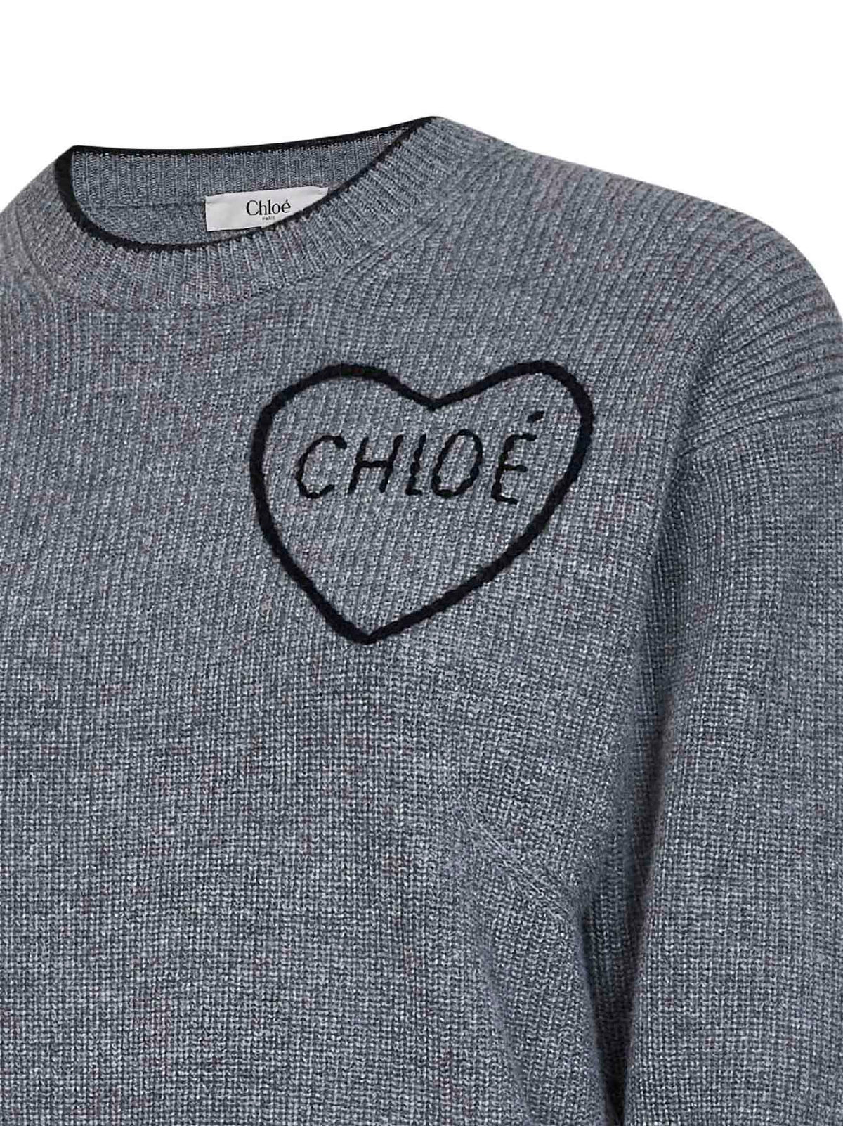 Chloé Women Divine Grey Wool And Cashmere Knit Embroidered Crewneck Sweater CHLOE