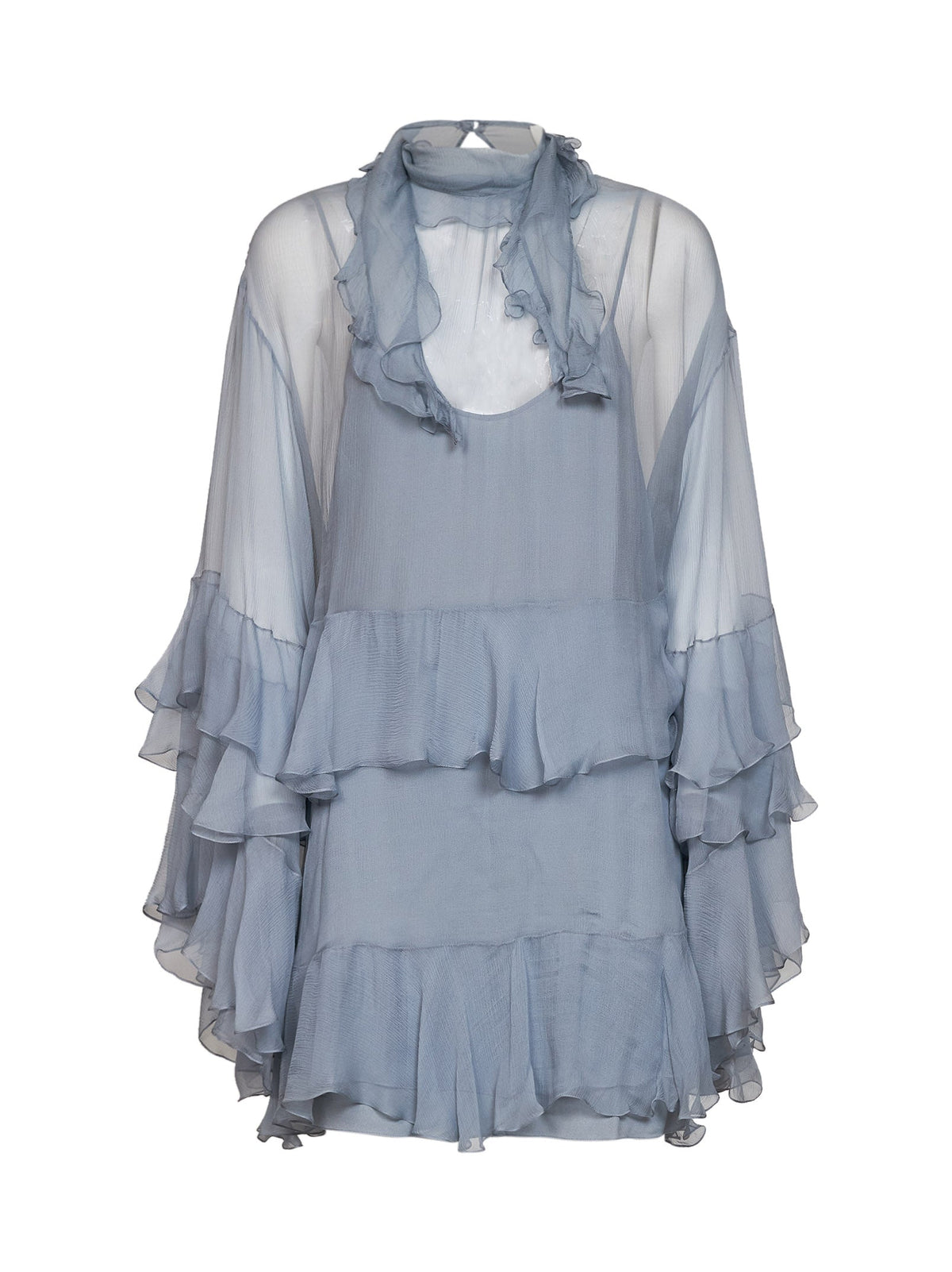 Chloé Women Light Blue Silk Muslin Ruffled Mini Dress CHLOE