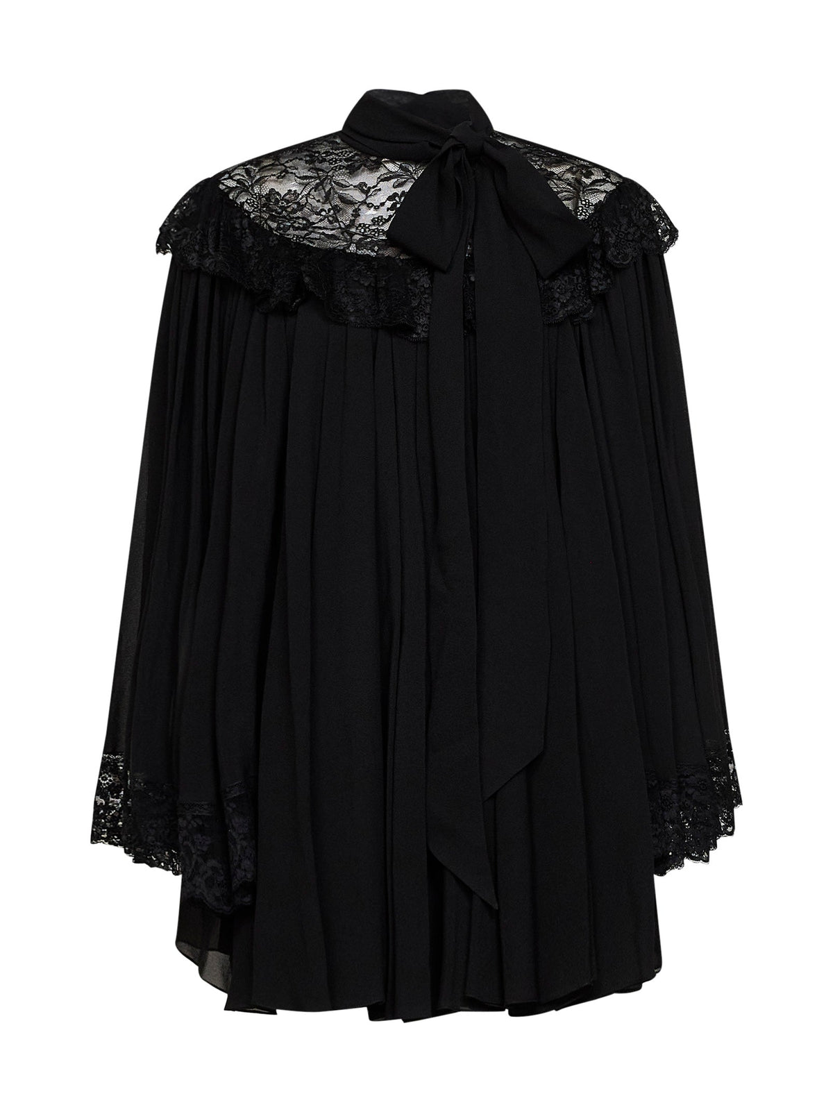 Chloé Women Black Silk Pleated Mini Dress With Lace Yoke CHLOE