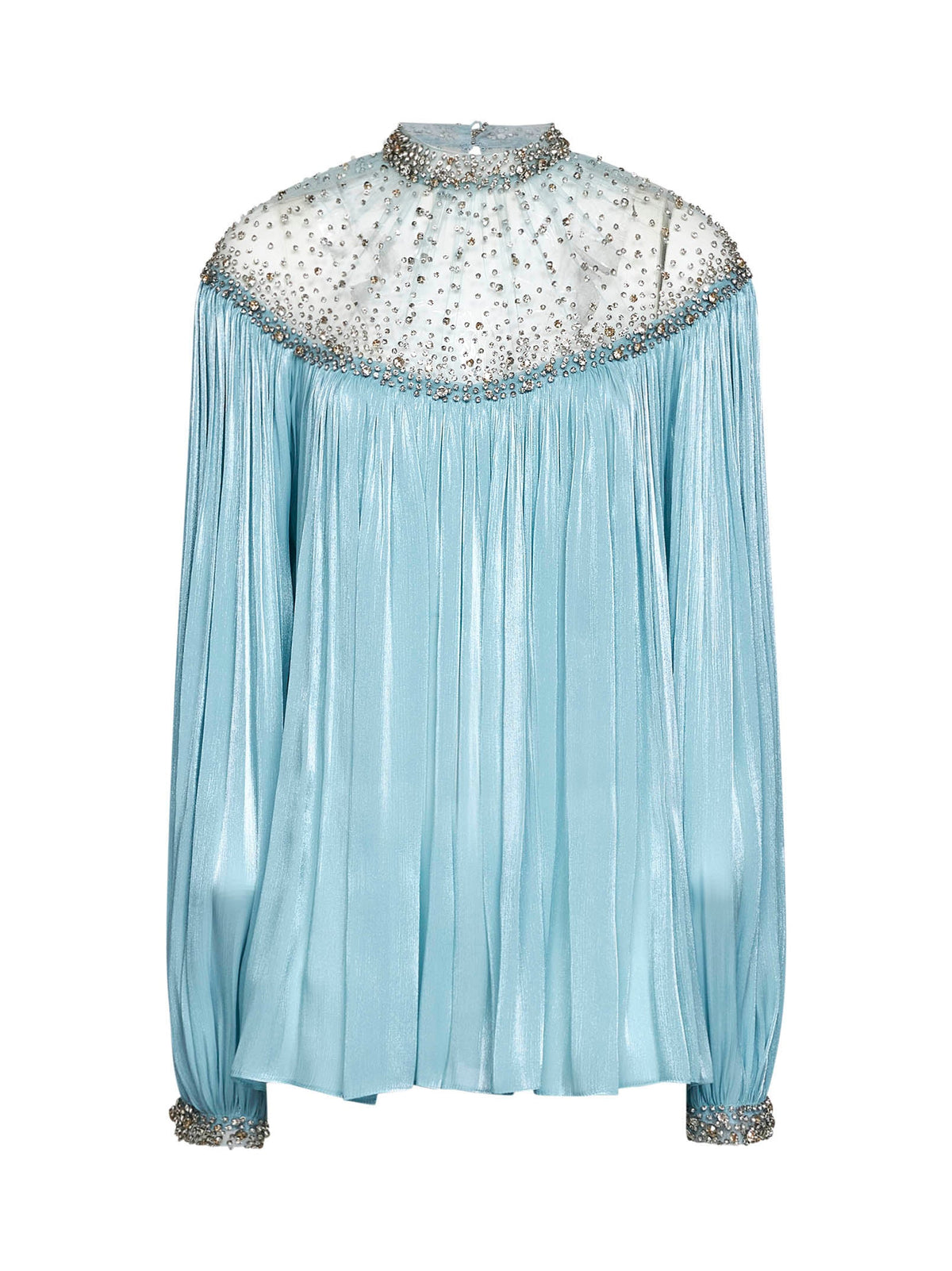 Costarellos Women Sky Blue Lurex Georgette Timea Top With Crystal Embroidery COSTARELLOS