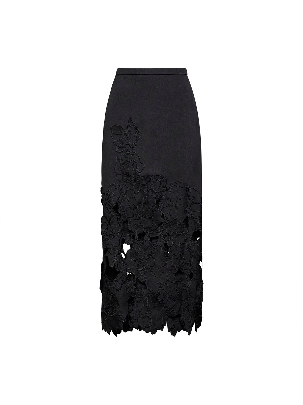 Costarellos Women Black Floral-Cut Embroidery Satin Alexina Midi Pencil Skirt COSTARELLOS