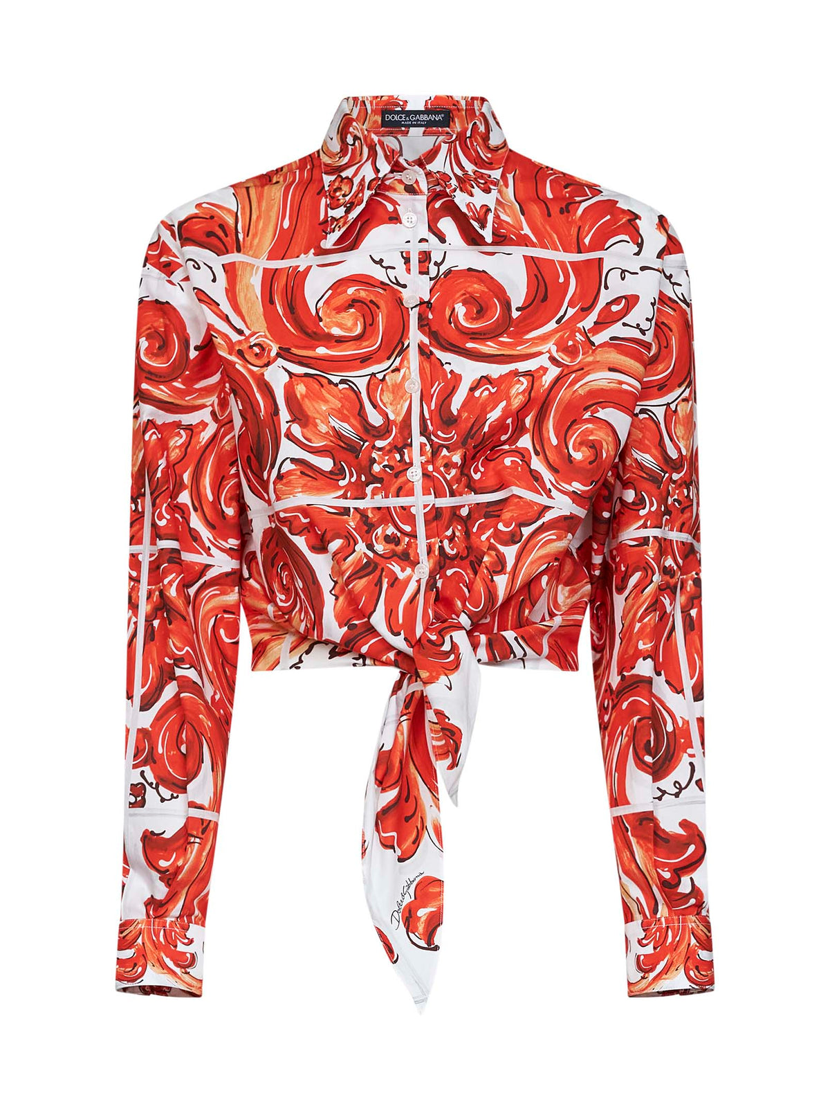 Dolce & Gabbana Women Orange Maiolica-Print Cropped Poplin Tied Shirt DOLCE & GABBANA