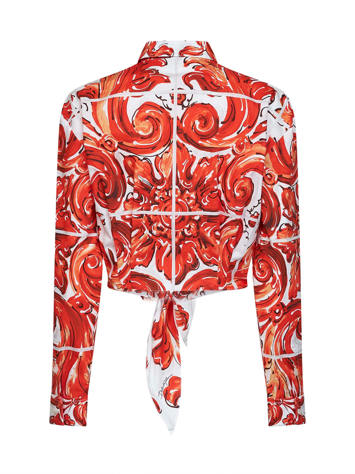 Dolce & Gabbana Women Orange Maiolica-Print Cropped Poplin Tied Shirt DOLCE & GABBANA