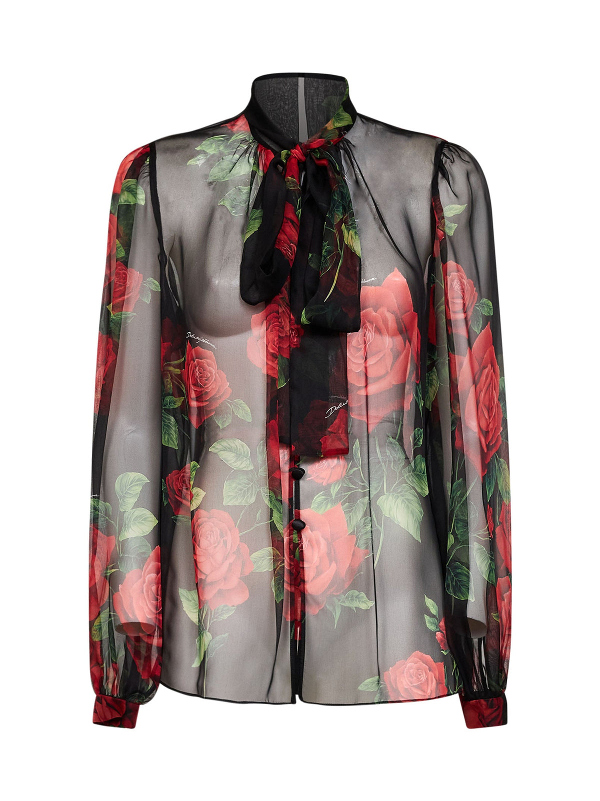 Dolce & Gabbana Women Black Rose-Print Silk Chiffon Blouse DOLCE & GABBANA