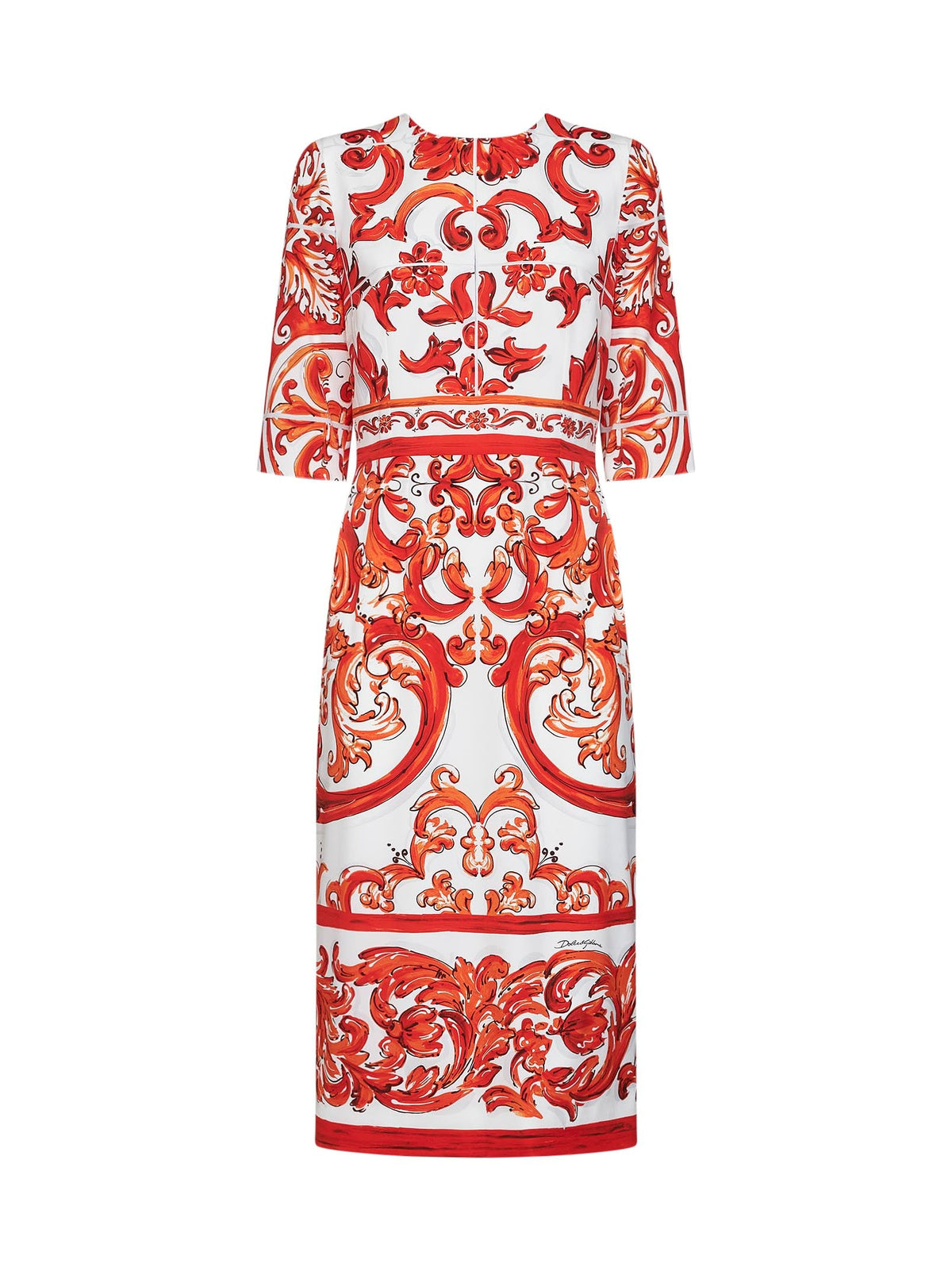 Dolce & Gabbana Women Orange Maiolica-Print Stretch Silk Charmeuse Midi Dress DOLCE & GABBANA
