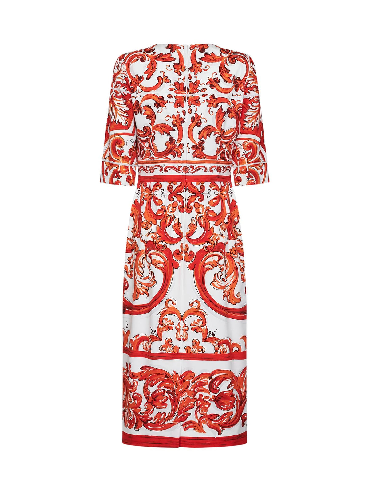 Dolce & Gabbana Women Orange Maiolica-Print Stretch Silk Charmeuse Midi Dress DOLCE & GABBANA
