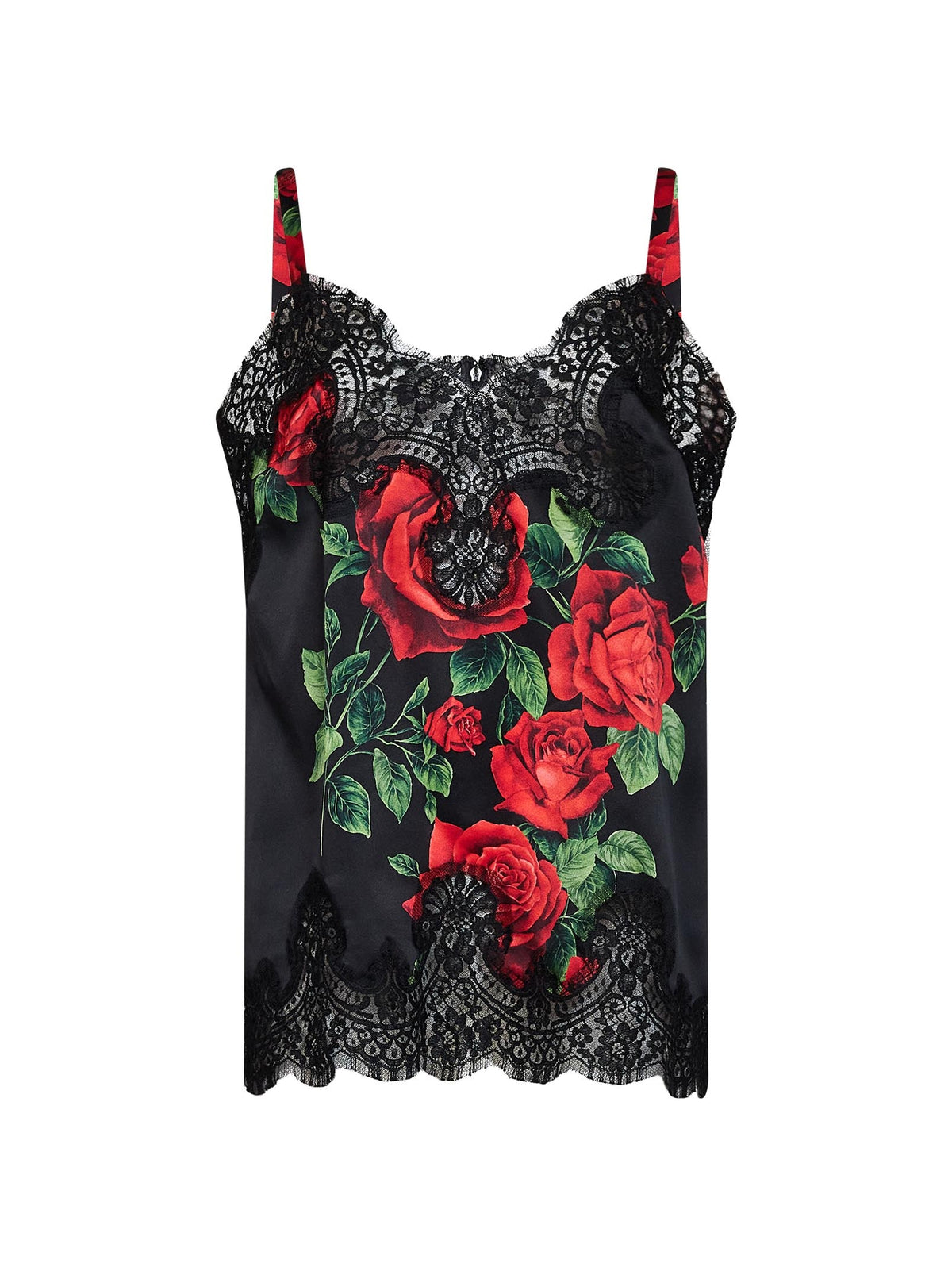 Dolce & Gabbana Women Black Rose-Print Silk Satin Top With Lace DOLCE & GABBANA