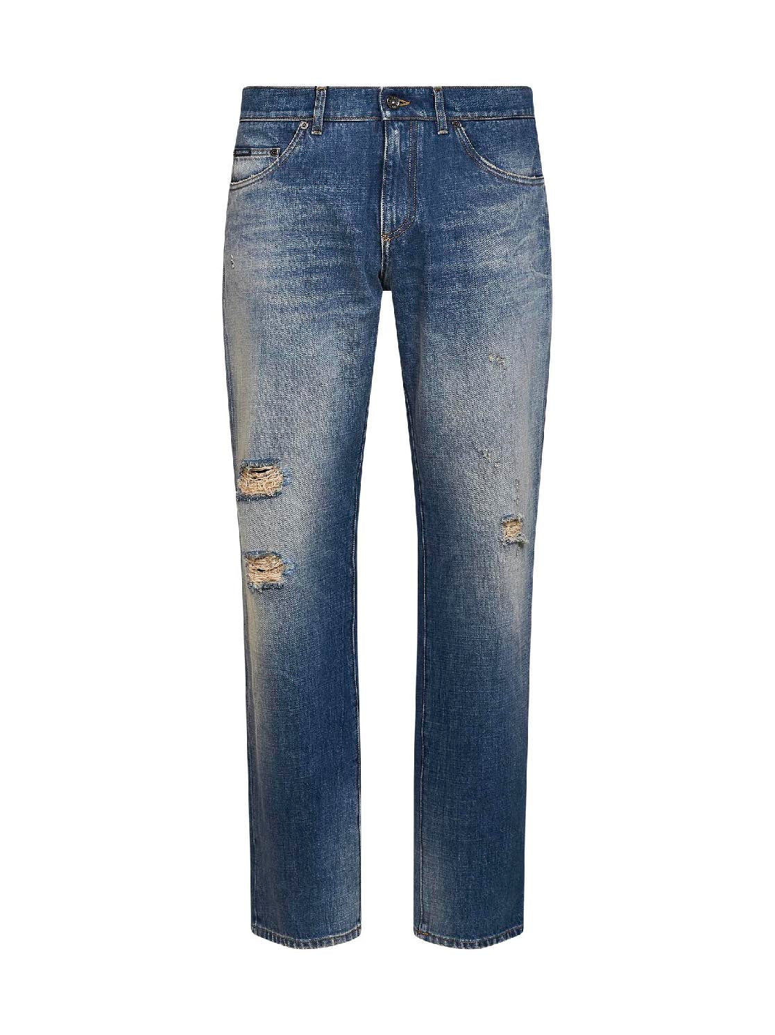 Dolce & Gabbana Men Light Blue Distressed Cotton Denim Classic Jeans DOLCE & GABBANA