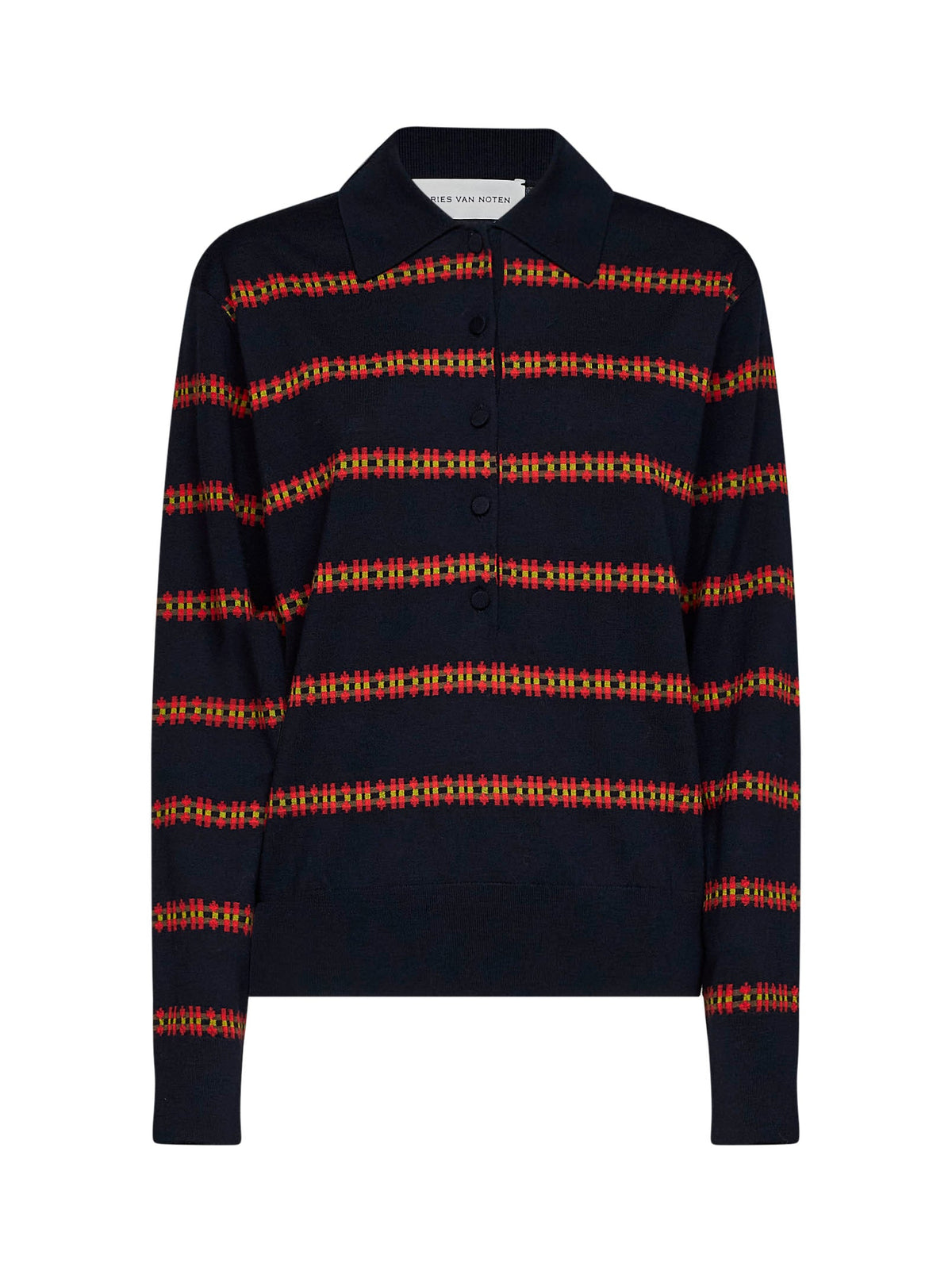 Dries Van Noten Women Navy Blue Striped Knit Long-Sleeved Polo Shirt DRIES VAN NOTEN