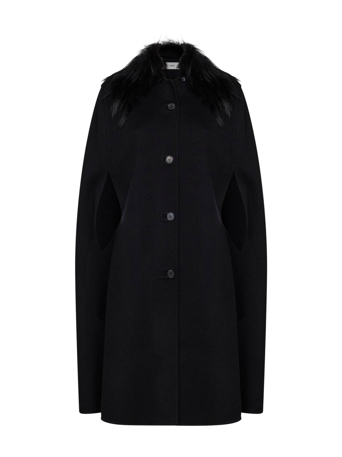 Fendi Women Black Double-Sided Wool-Blend Cape With Fox Fur Collar FENDI