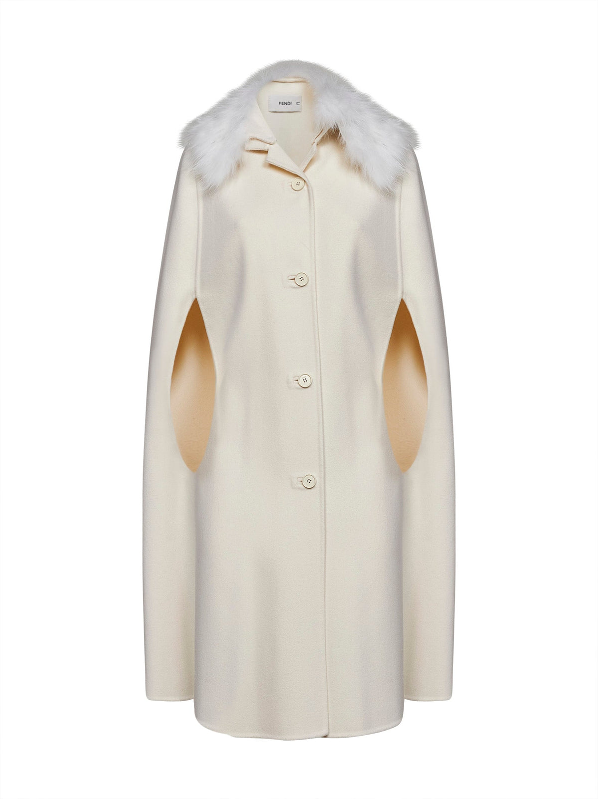 Fendi Women Ivory Double-Sided Wool-Blend Cape With Fox Fur Collar FENDI