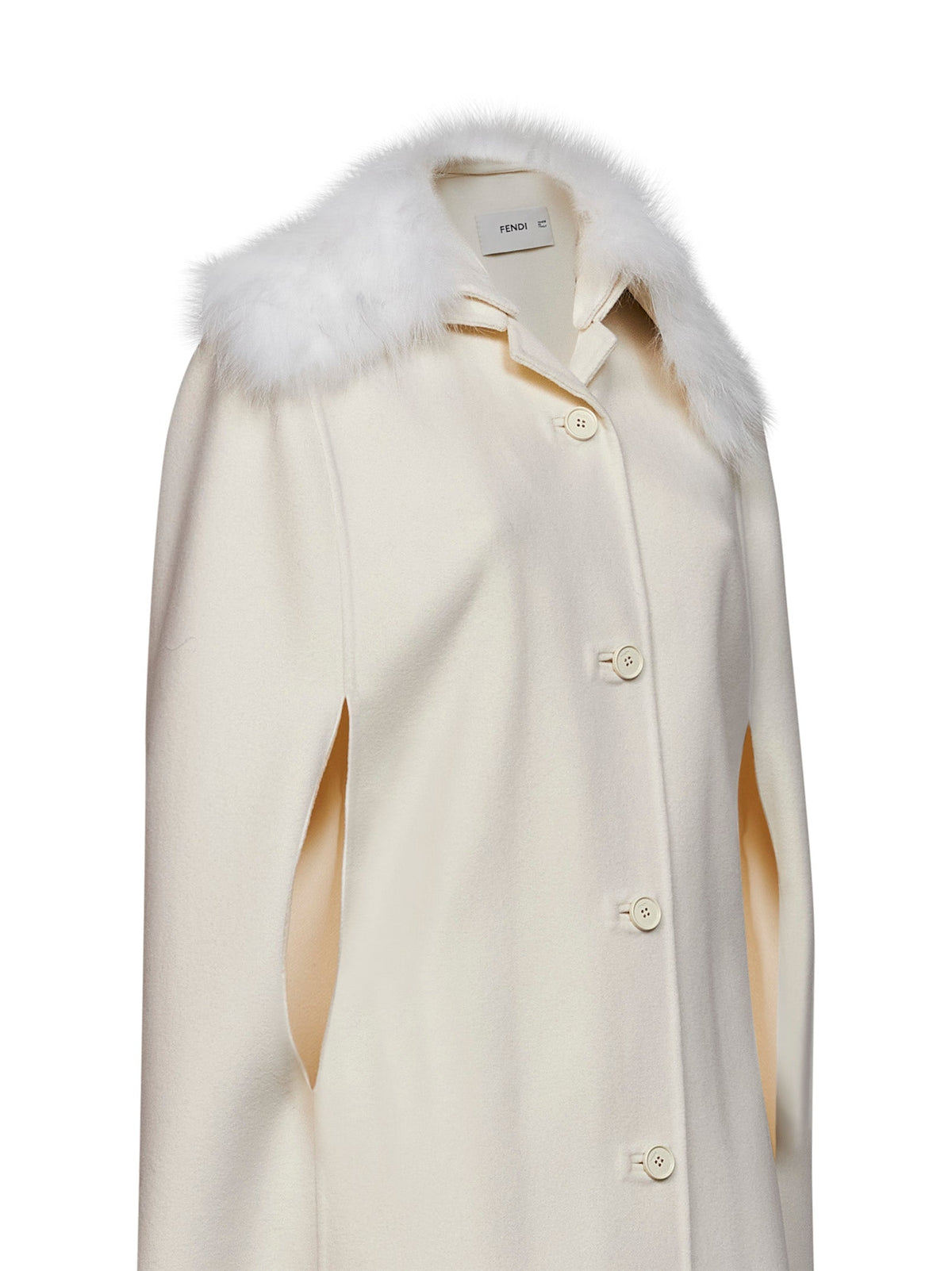 Fendi Women Ivory Double-Sided Wool-Blend Cape With Fox Fur Collar FENDI