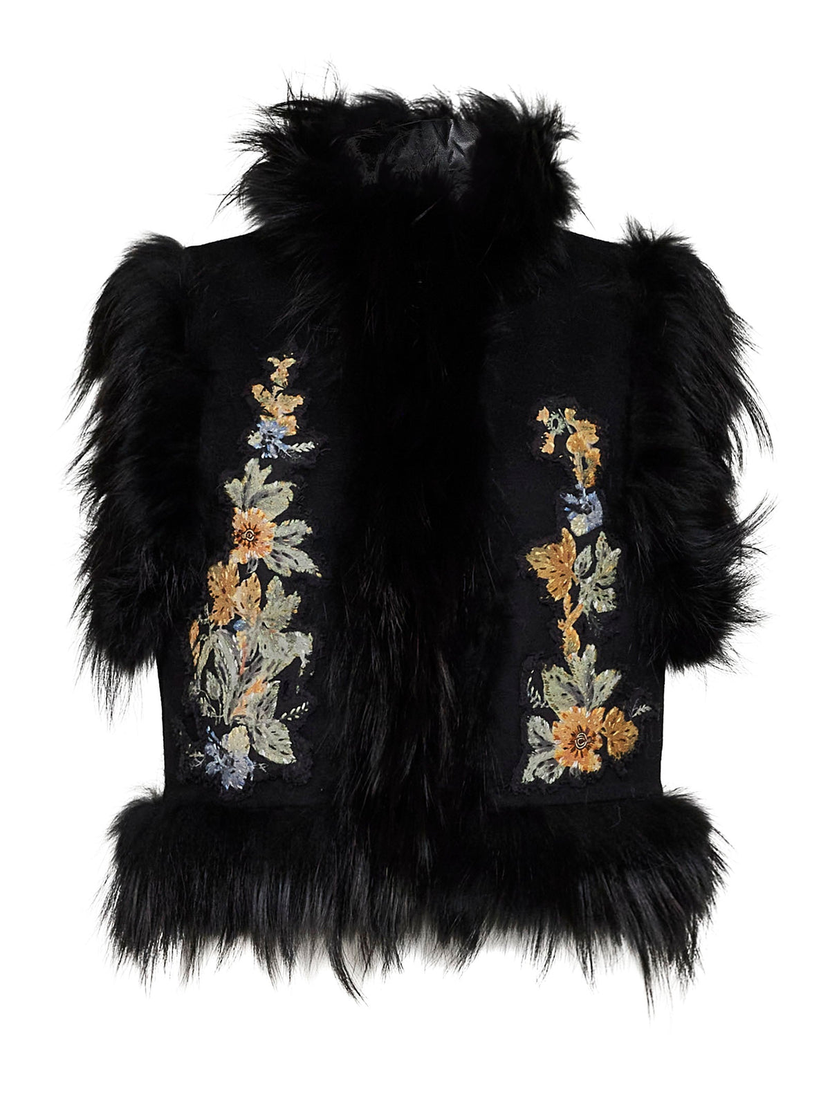 Fendi Women Black Wool Vest With Embroidery And Fox Fur Trims FENDI