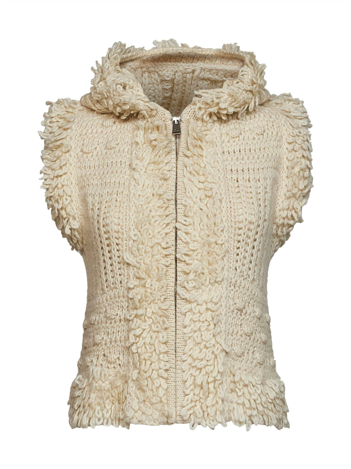 Fendi Women Ivory Shearling-Effect Knit Zip-Up Hooded Vest FENDI