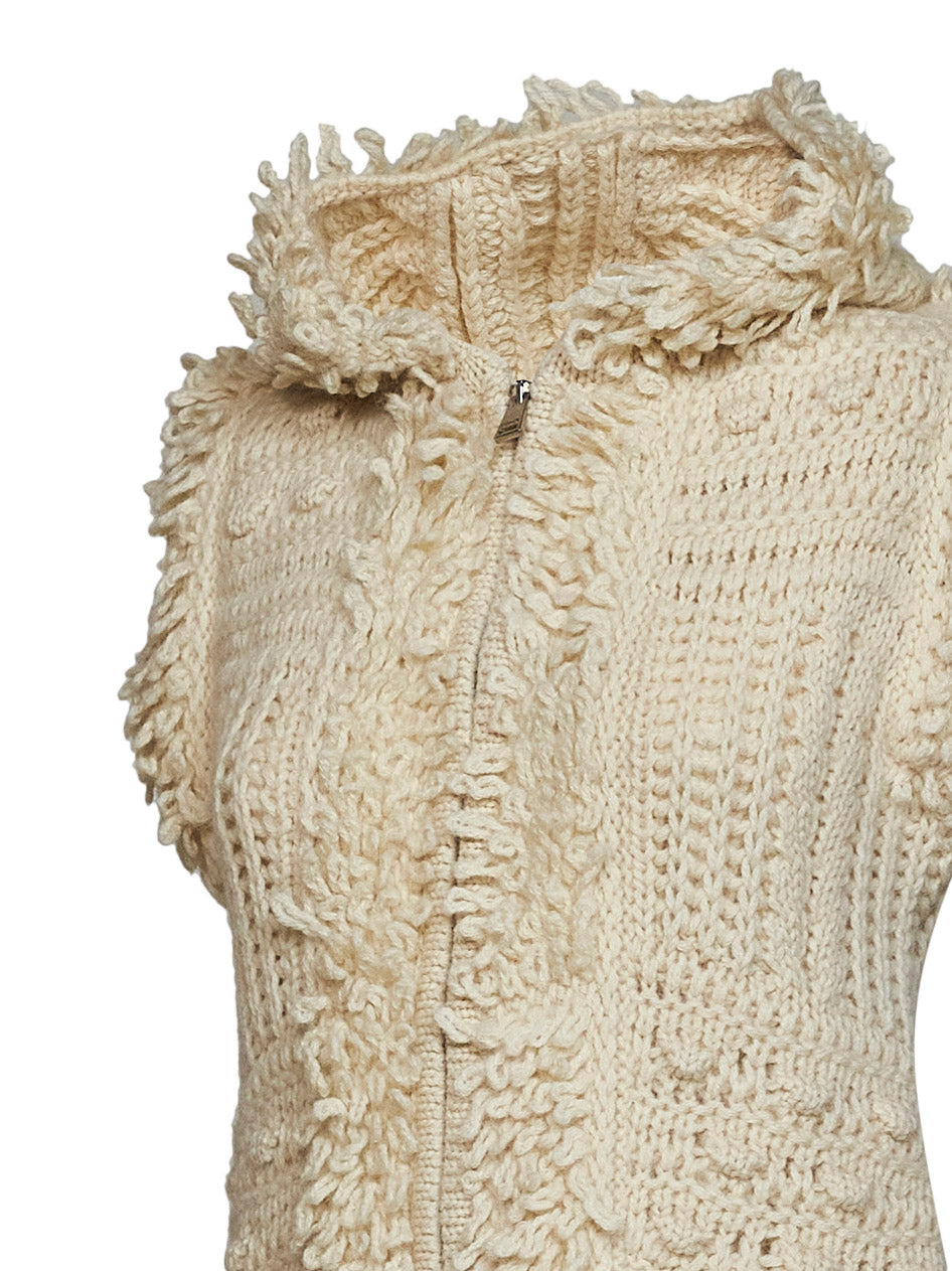 Fendi Women Ivory Shearling-Effect Knit Zip-Up Hooded Vest FENDI