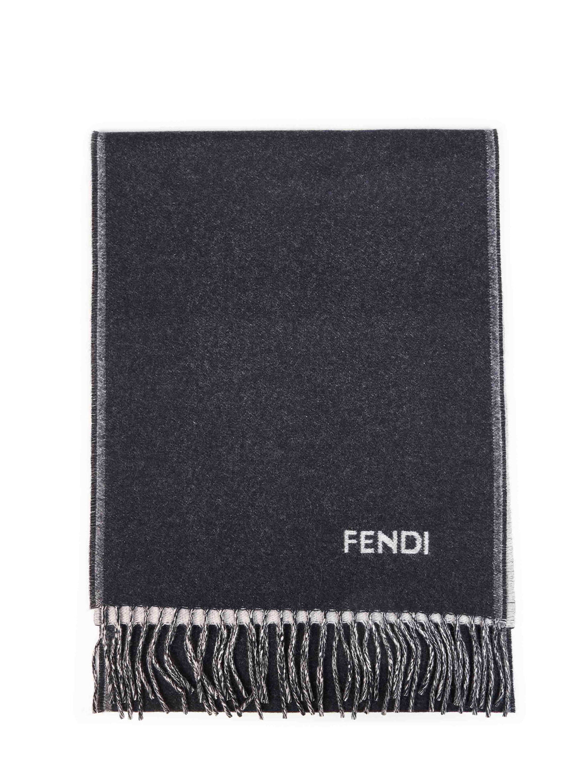 Fendi Silk Men Navy Blue And Ivory Cashmere Scarf With Fendi Logo FENDI