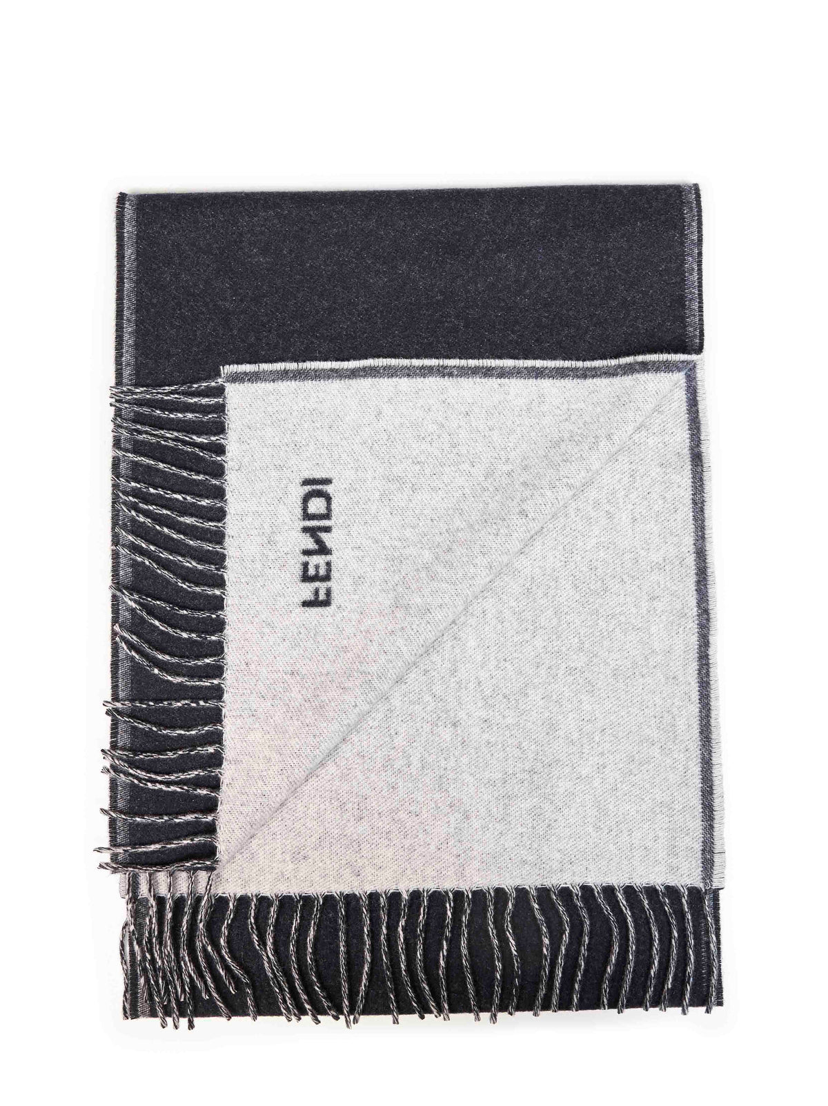 Fendi Silk Men Navy Blue And Ivory Cashmere Scarf With Fendi Logo FENDI