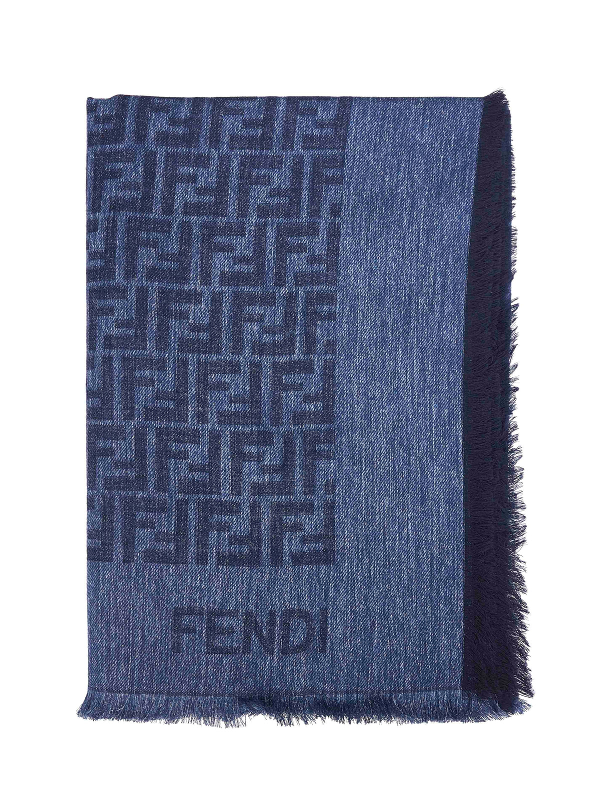 Fendi Silk Women Denim Blue Cotton And Wool Ff Shawl FENDI