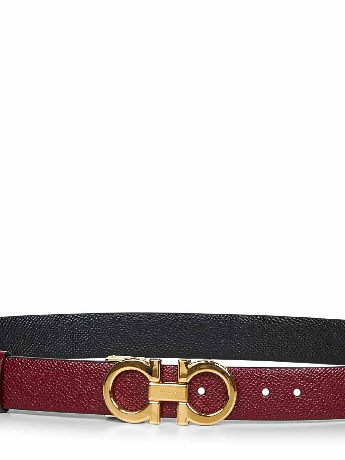 Ferragamo Women Burgundy And Black Leather Gancini Reversible Belt<Br/> FERRAGAMO