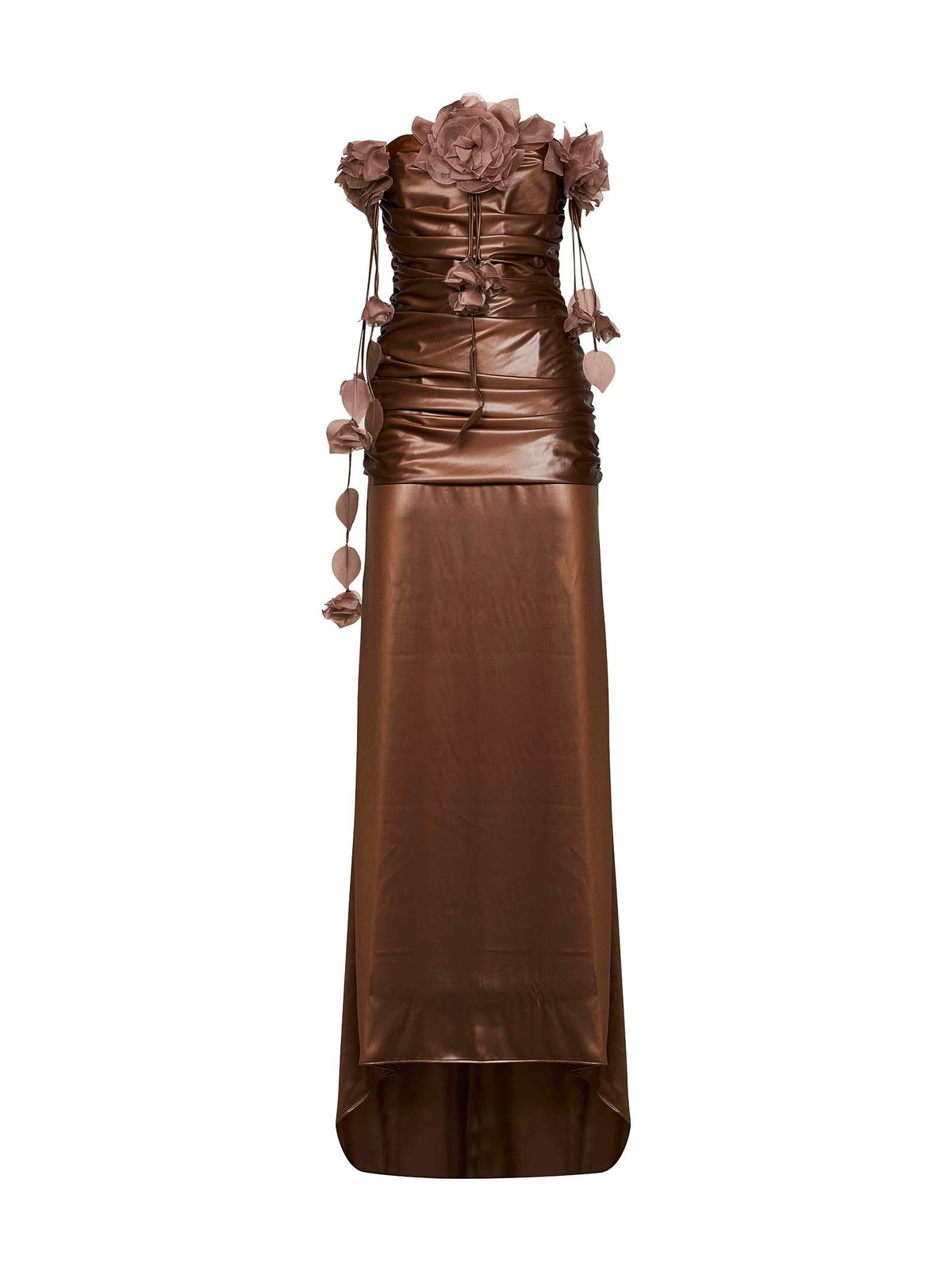 Giuseppe Di Morabito Women Bronze Waxed Fabric Long Gathered Dress With 3D Flowers GIUSEPPE DI MORABITO