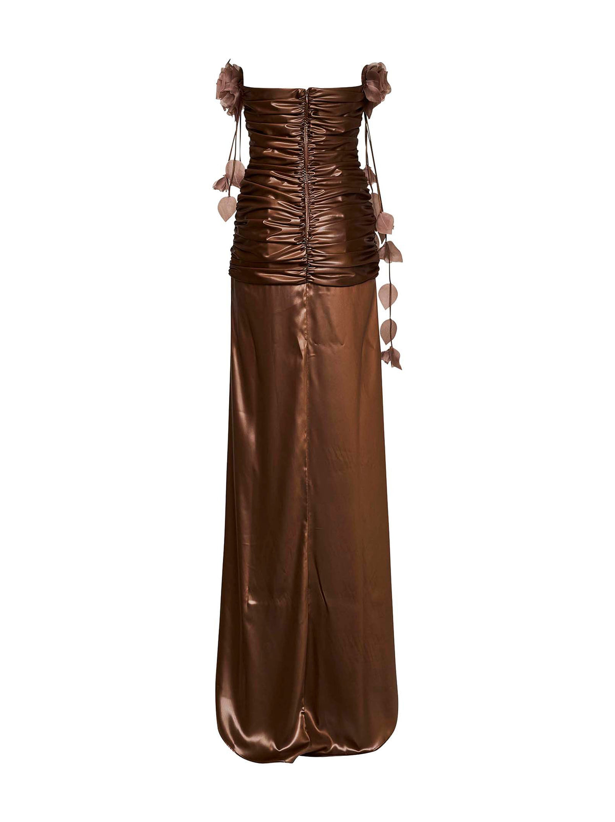 Giuseppe Di Morabito Women Bronze Waxed Fabric Long Gathered Dress With 3D Flowers GIUSEPPE DI MORABITO