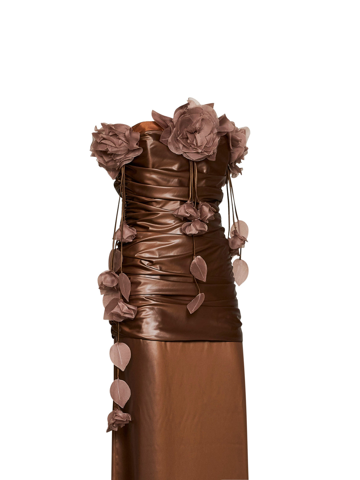 Giuseppe Di Morabito Women Bronze Waxed Fabric Long Gathered Dress With 3D Flowers GIUSEPPE DI MORABITO