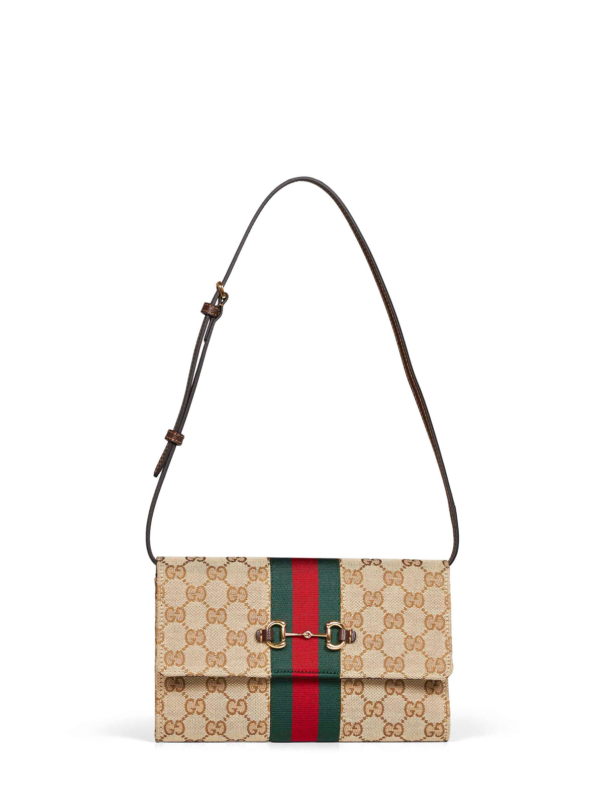 Gucci Women Beige And Dark Brown Gucci Horsebit Web Wallet With Strap GUCCI
